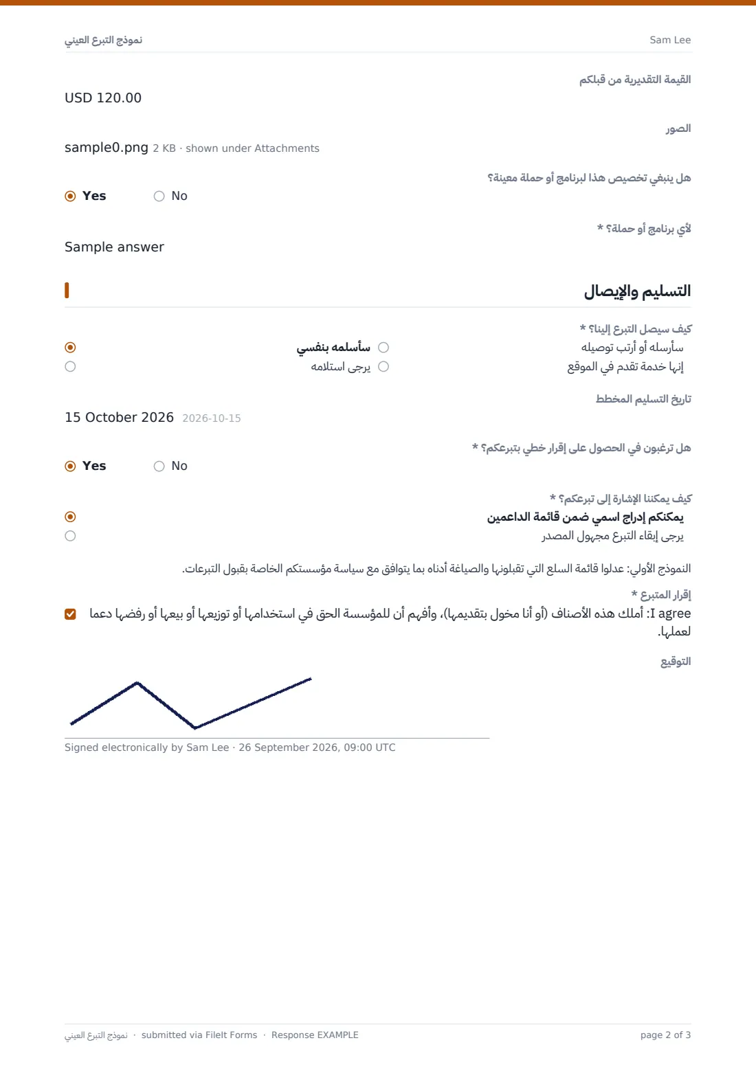 نموذج التبرع العيني — ملف PDF لرد نموذجي، الصفحة 2 من 3