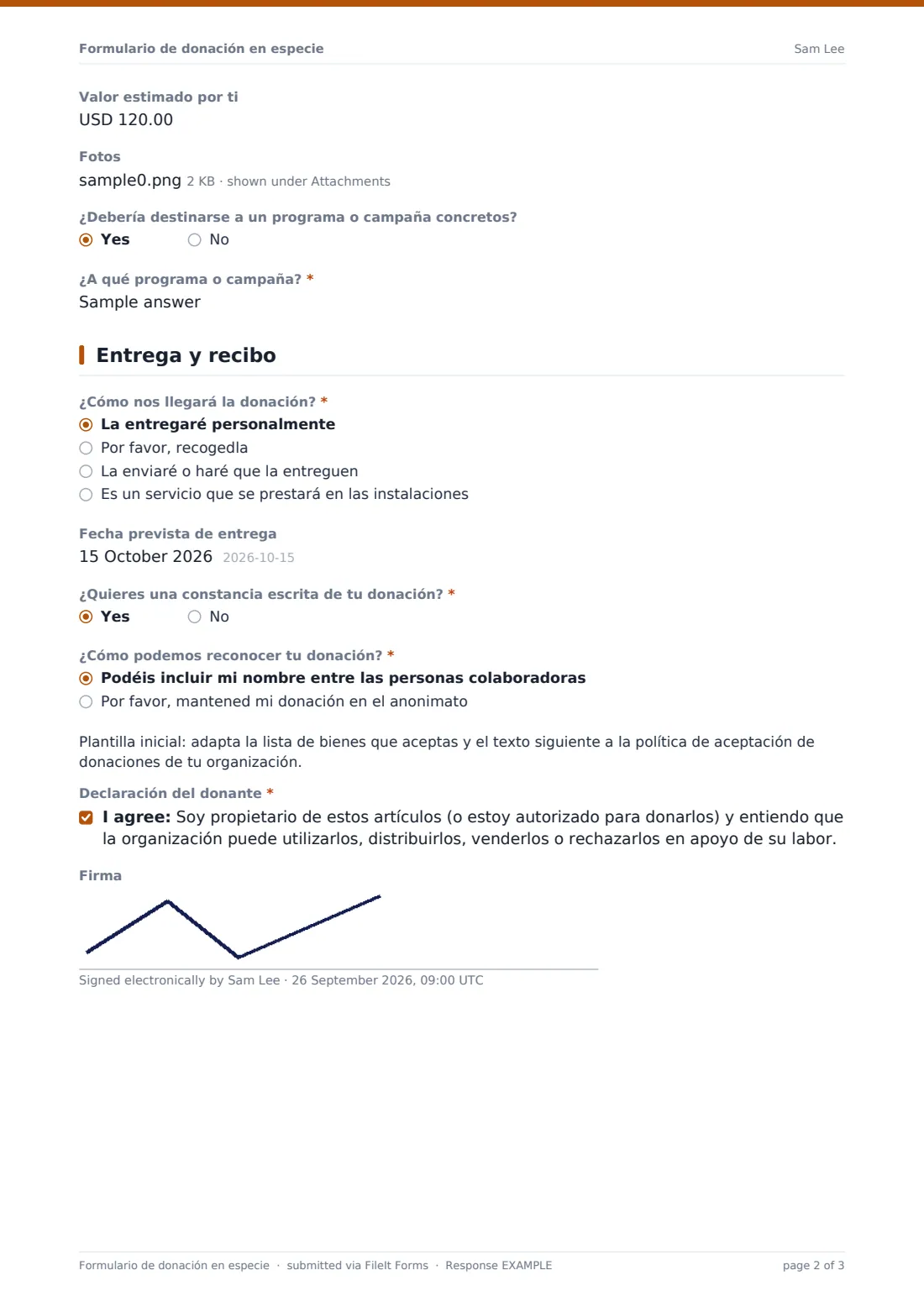Formulario de donación en especie — PDF de respuesta de ejemplo, página 2 de 3