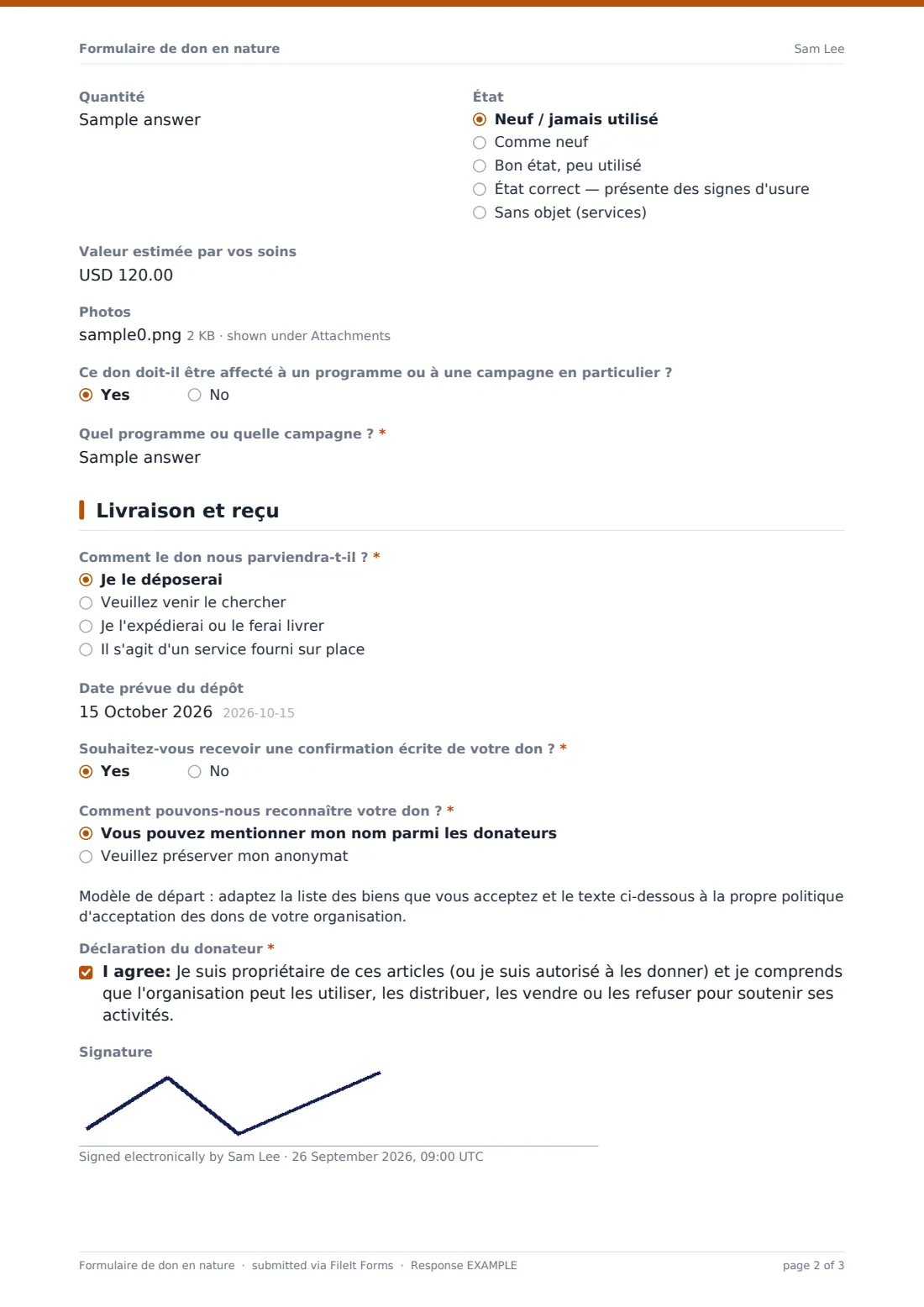 Formulaire de don en nature — exemple de réponse au format PDF, page 2 sur 3