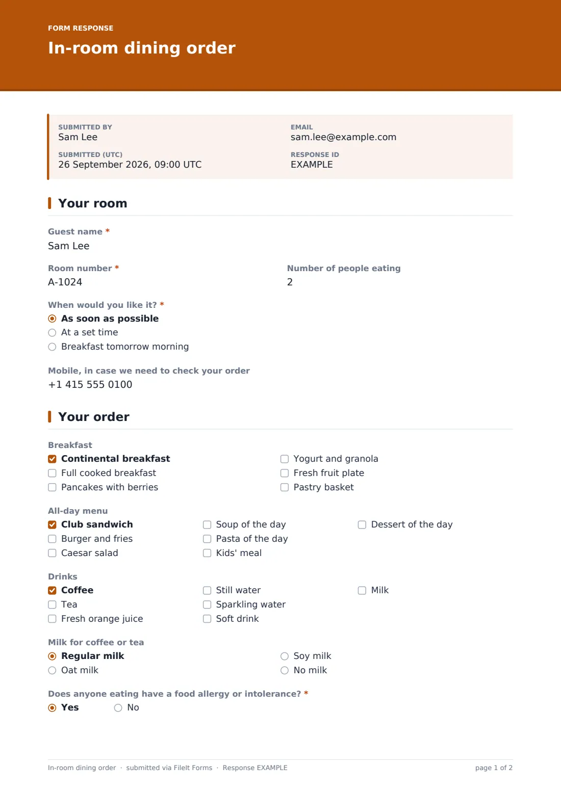 In-room dining order — example response PDF, page 1 of 2