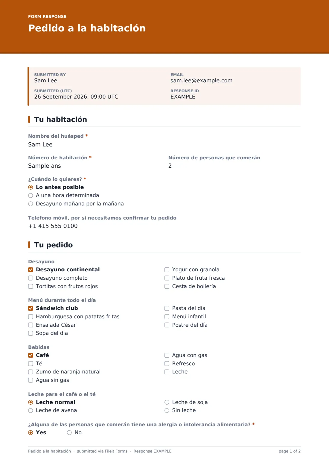 Pedido a la habitación — PDF de respuesta de ejemplo, página 1 de 2