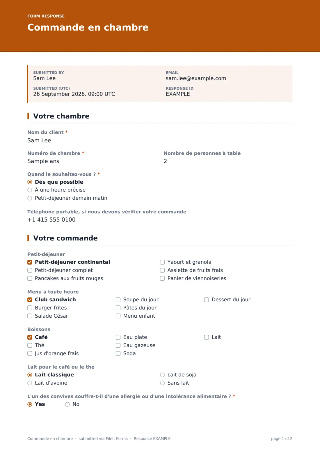Commande en chambre — exemple de réponse au format PDF, page 1 sur 2