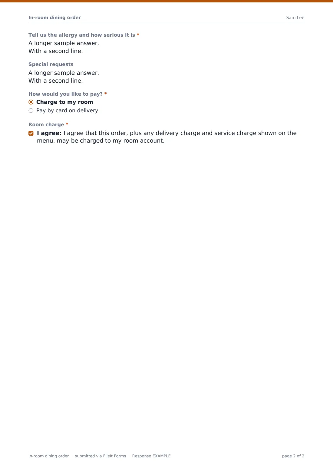 In-room dining order — example response PDF, page 2 of 2