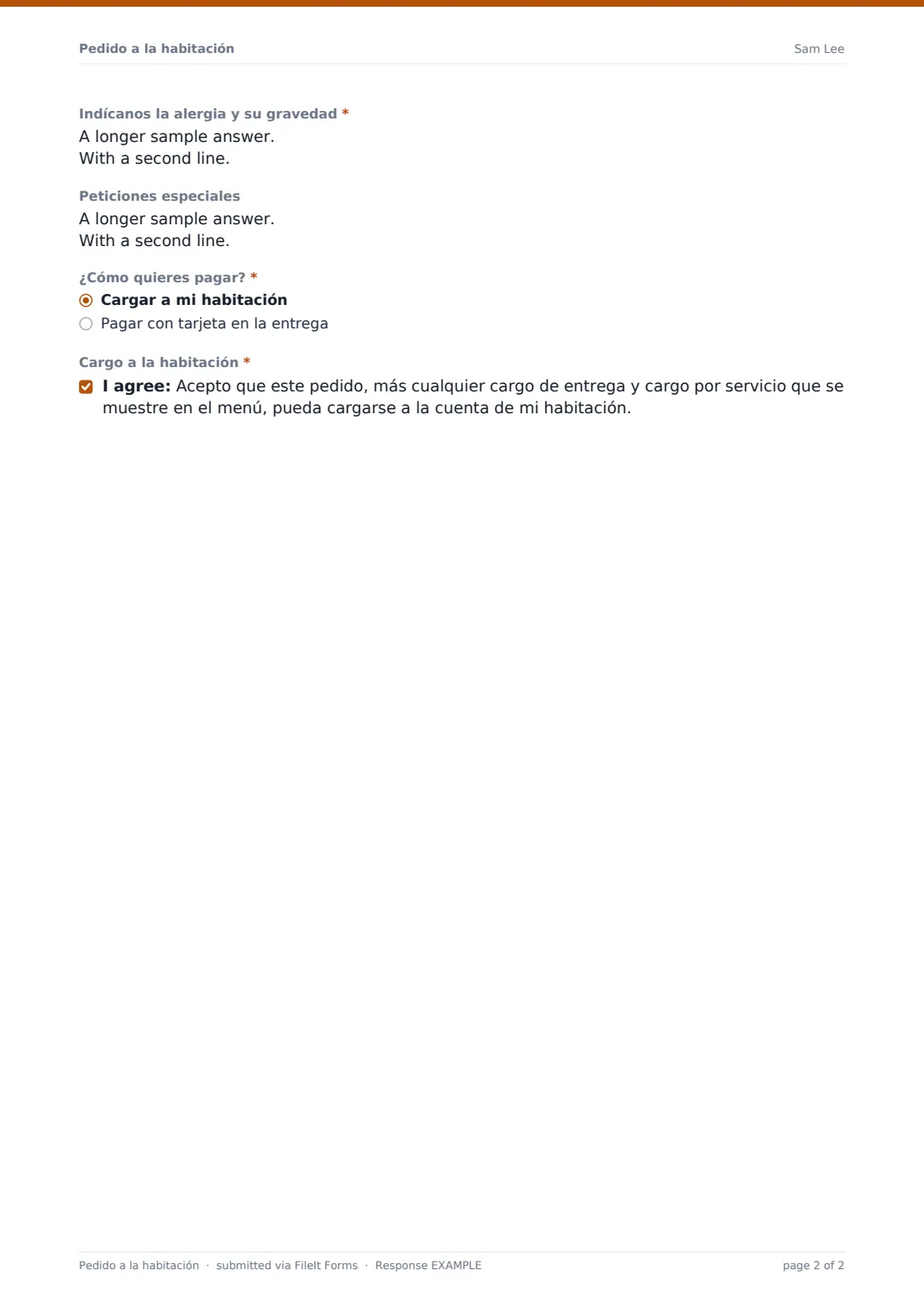 Pedido a la habitación — PDF de respuesta de ejemplo, página 2 de 2