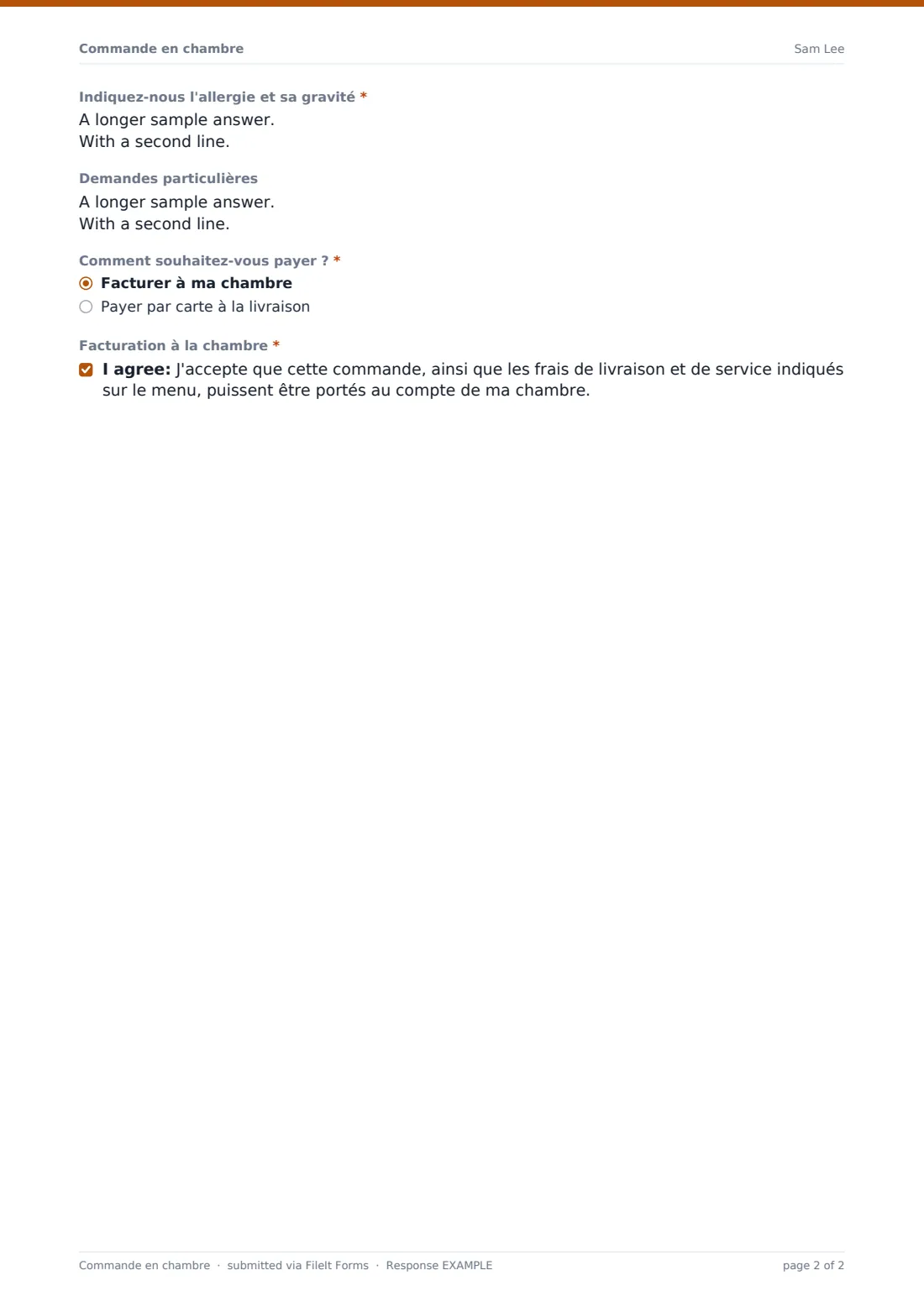 Commande en chambre — exemple de réponse au format PDF, page 2 sur 2