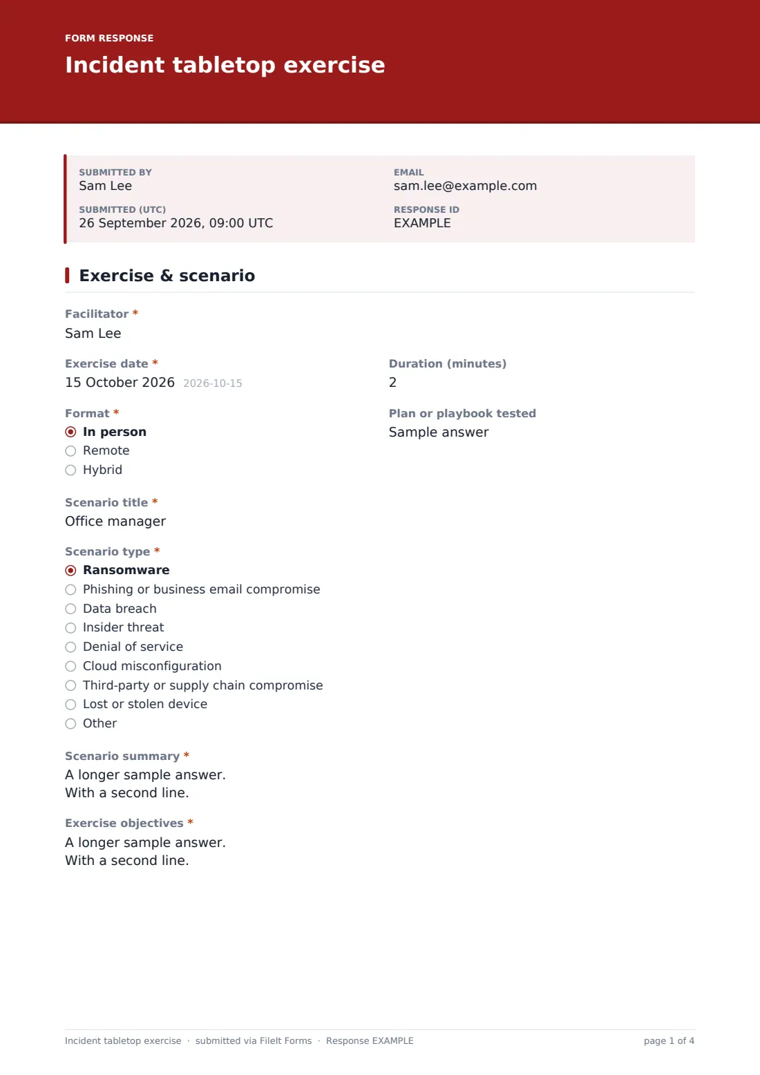 Incident tabletop exercise — example response PDF, page 1 of 4