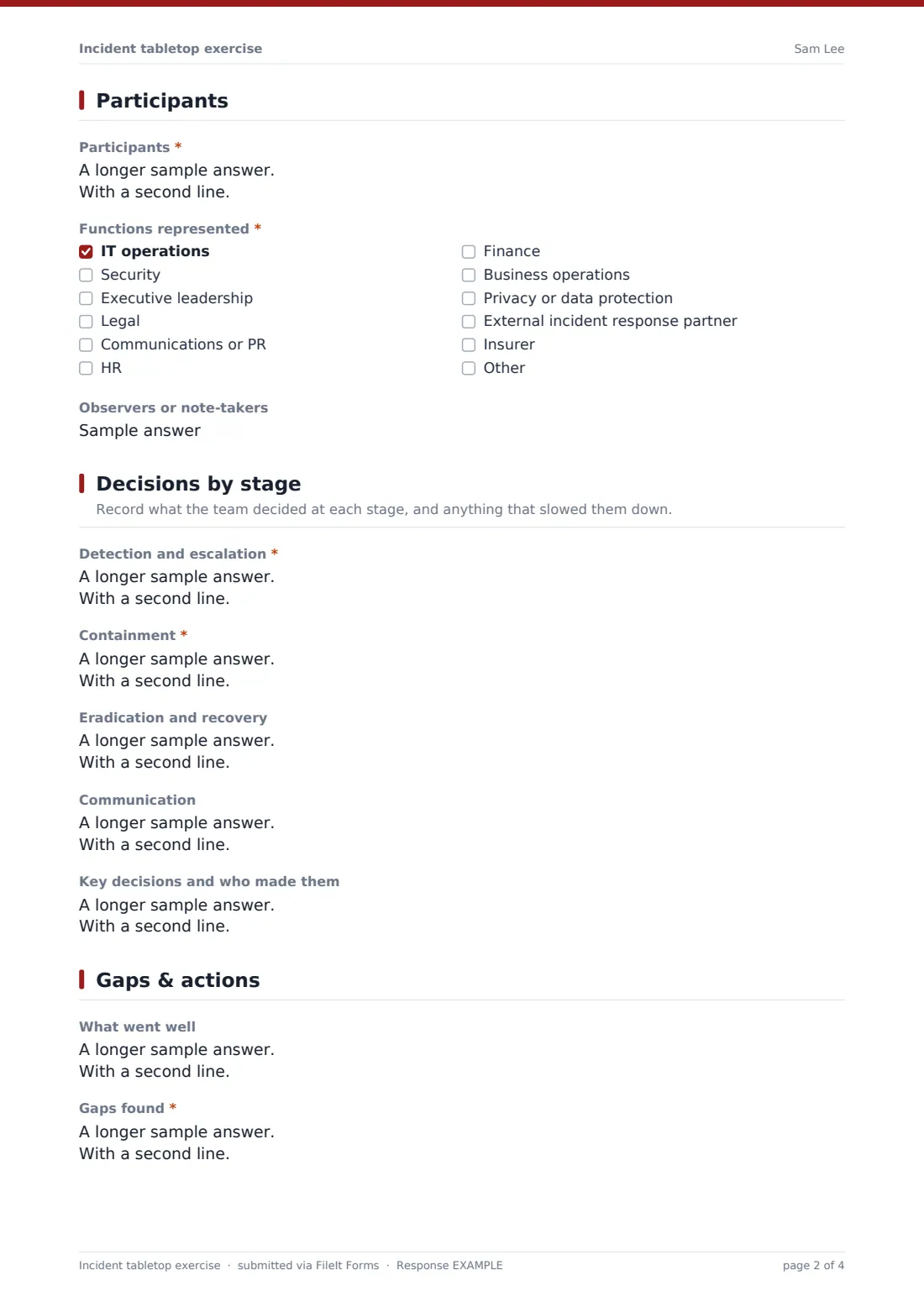 Incident tabletop exercise — example response PDF, page 2 of 4