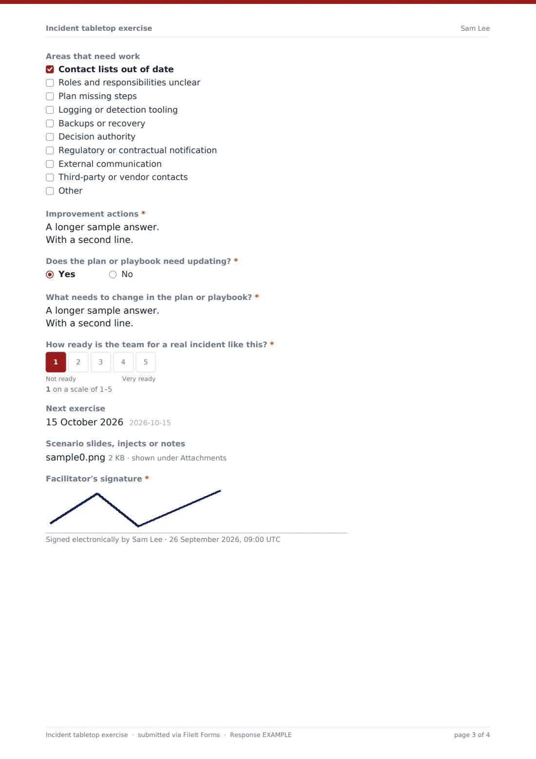 Incident tabletop exercise — example response PDF, page 3 of 4