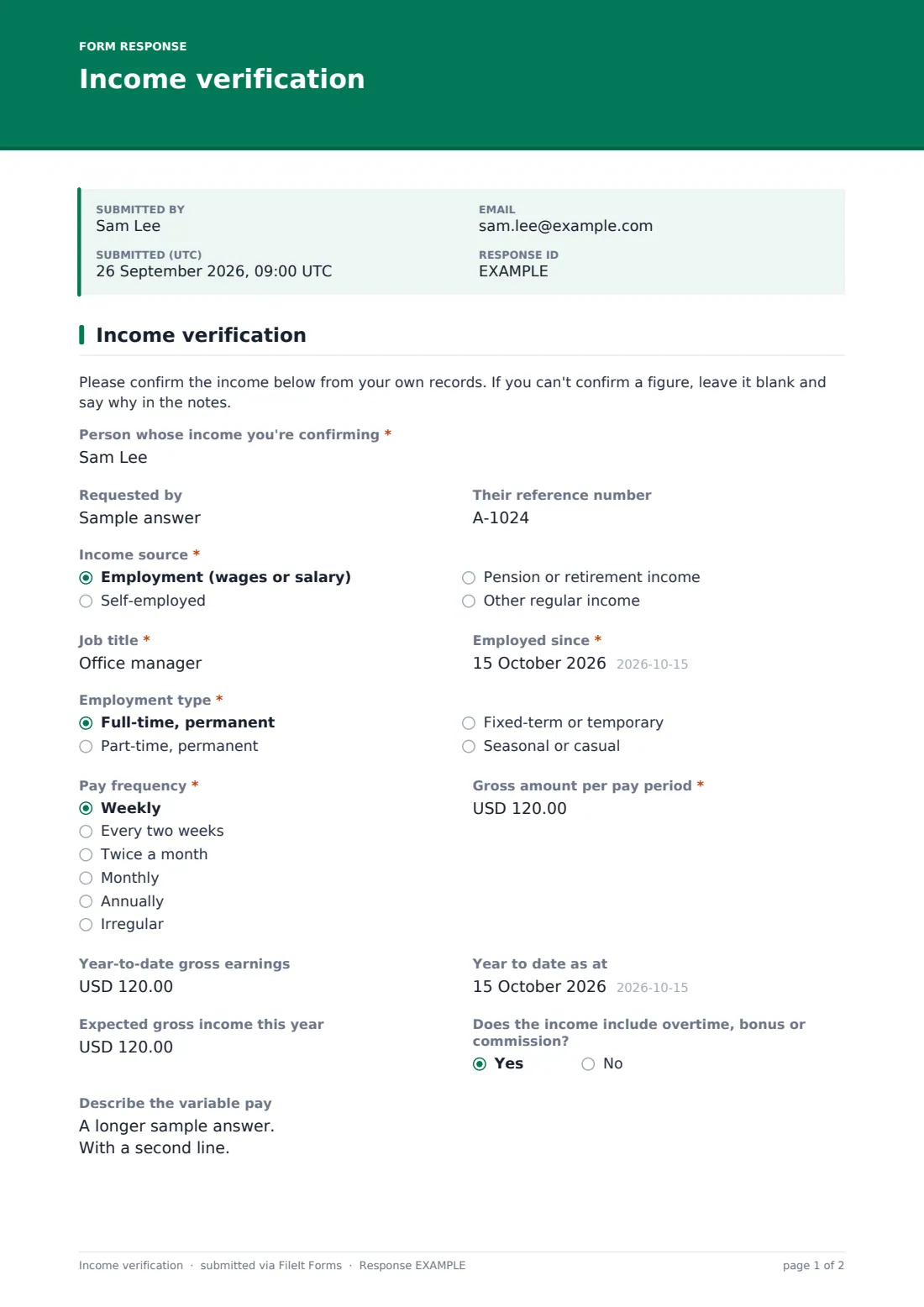 Income verification — example response PDF, page 1 of 2