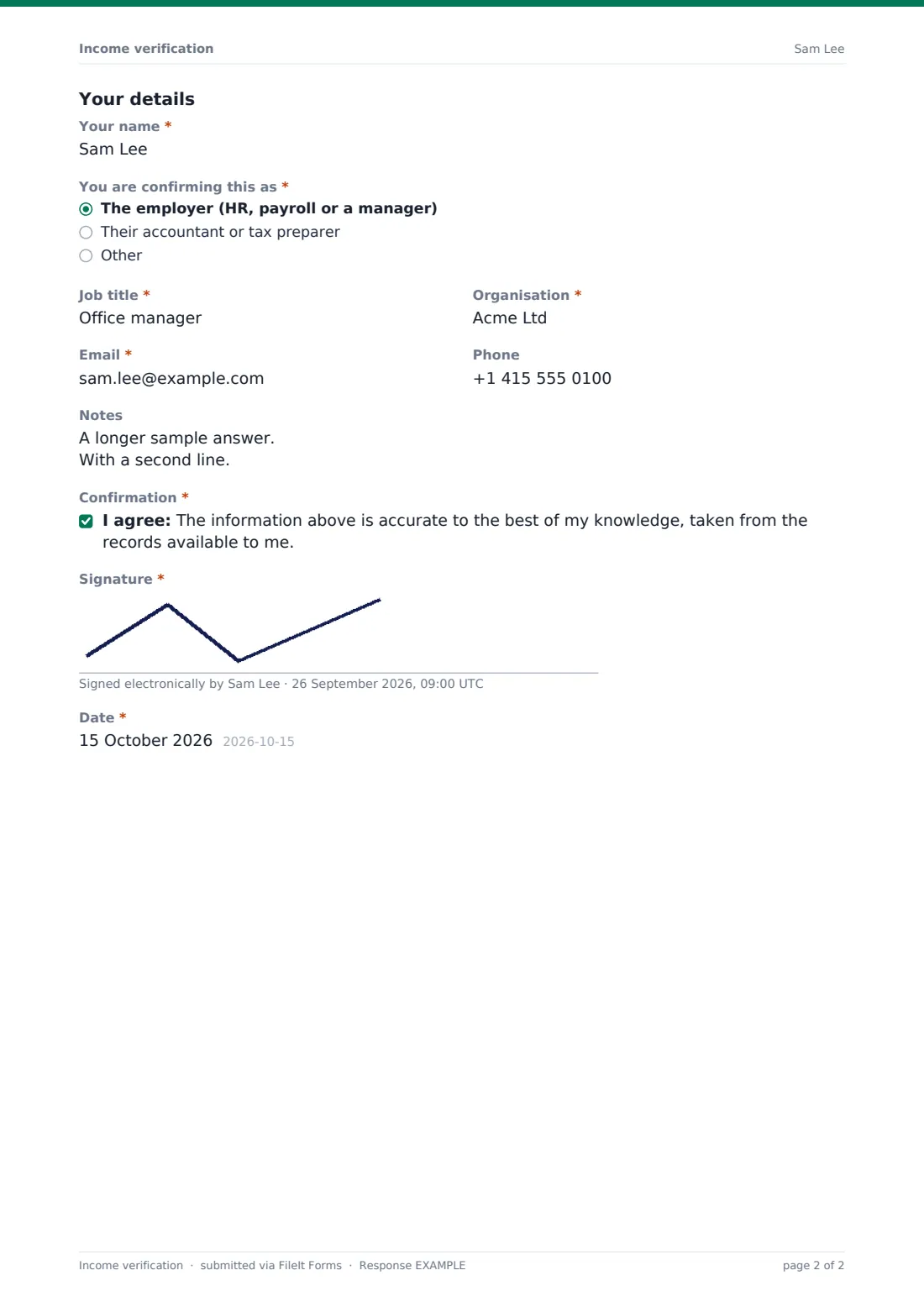 Income verification — example response PDF, page 2 of 2