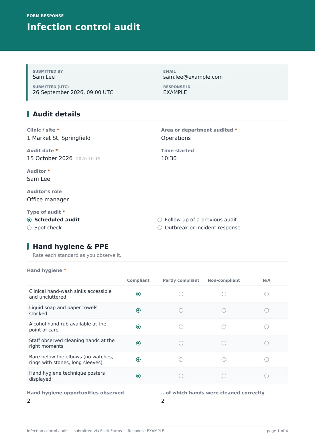Infection control audit — example response PDF, page 1 of 4