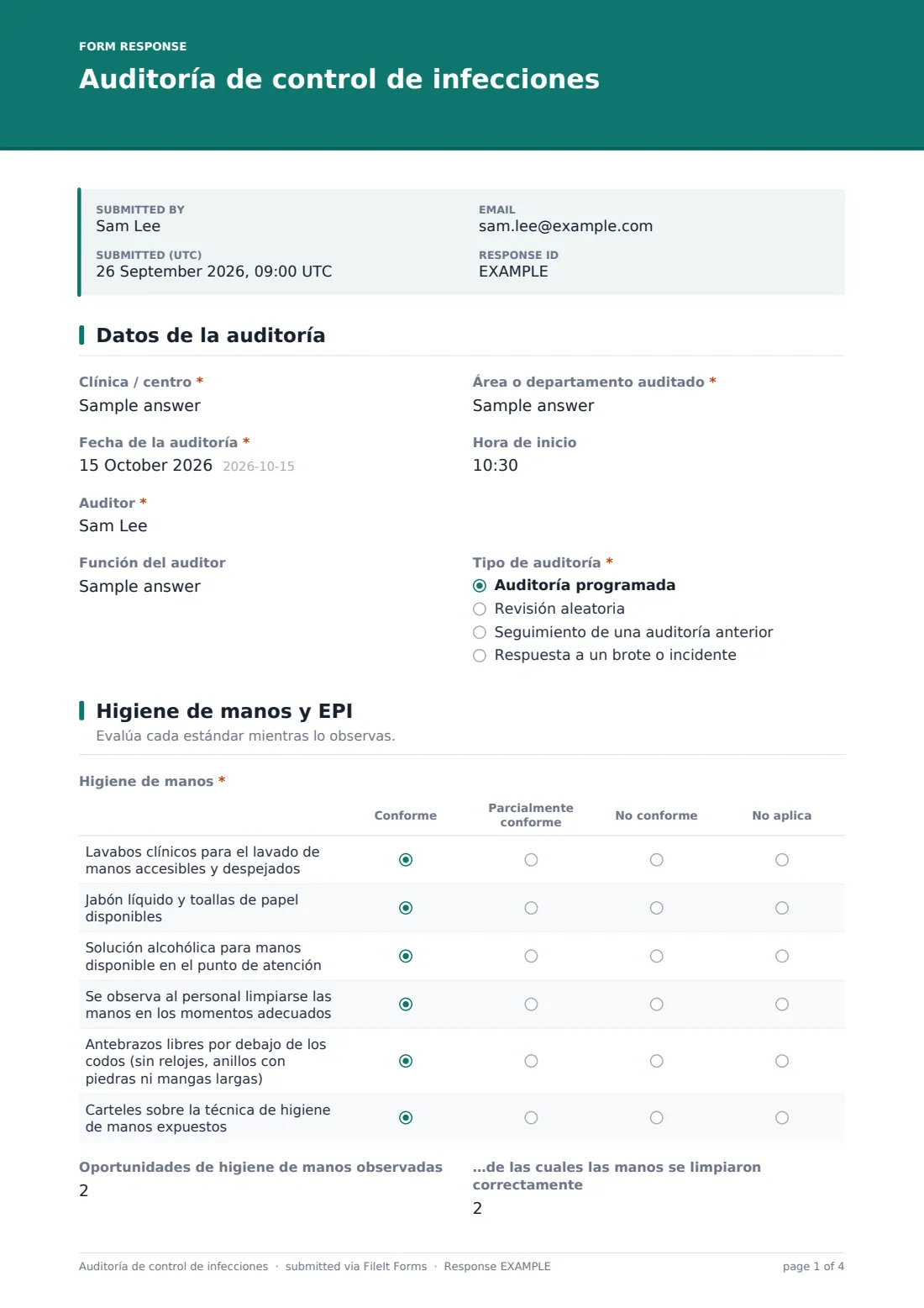 Auditoría de control de infecciones — PDF de respuesta de ejemplo, página 1 de 4
