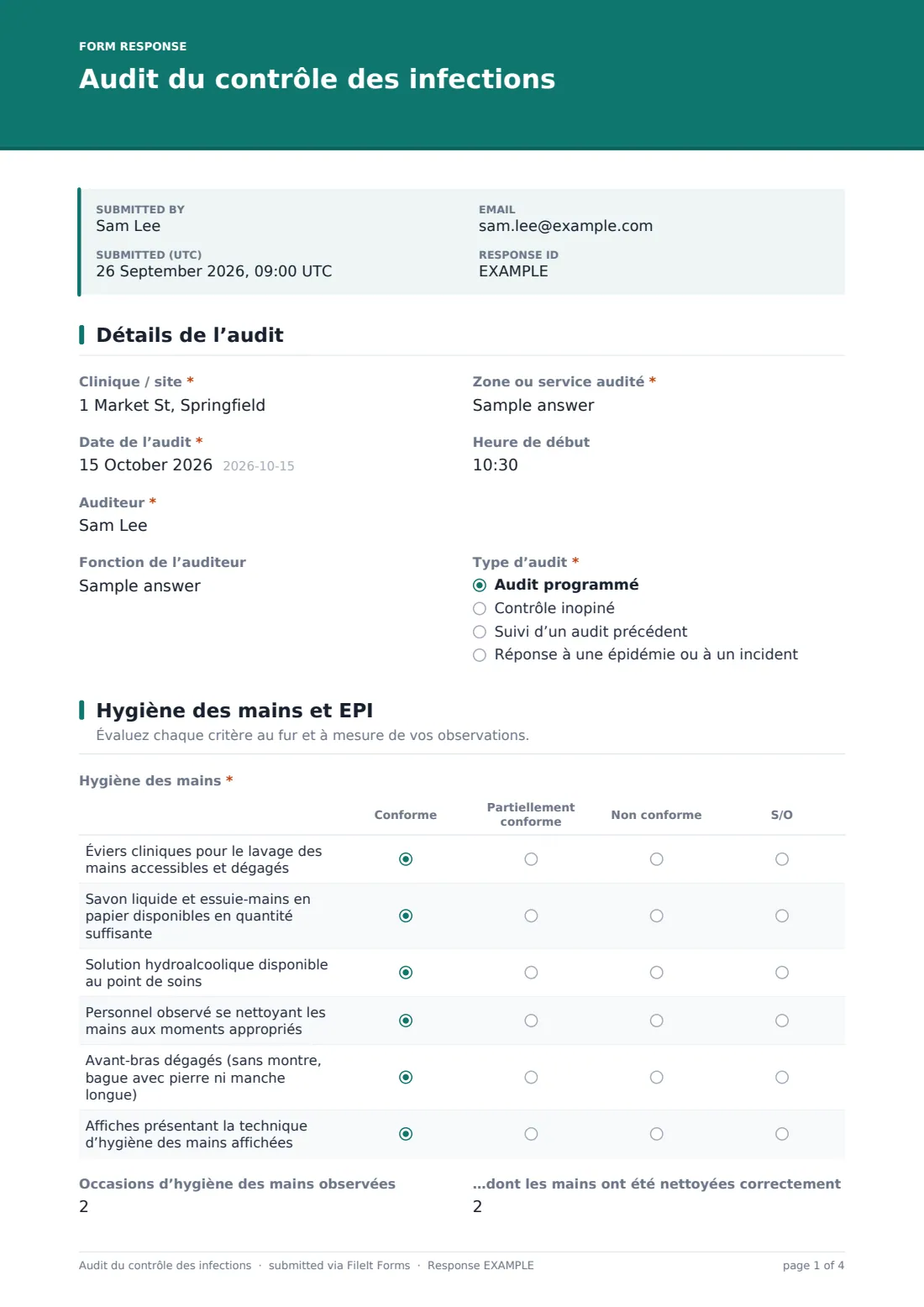 Audit du contrôle des infections — exemple de réponse au format PDF, page 1 sur 4