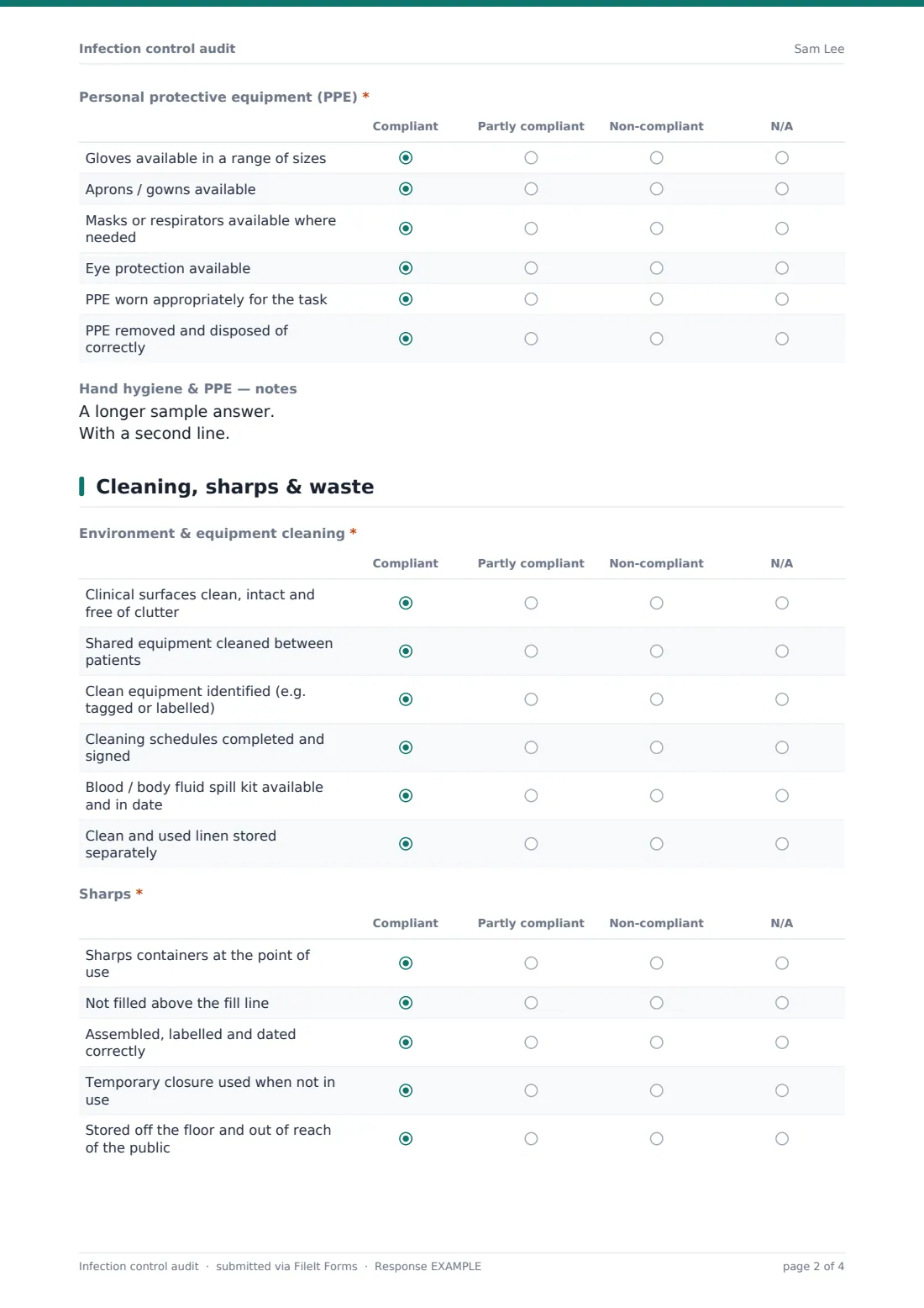 Infection control audit — example response PDF, page 2 of 4