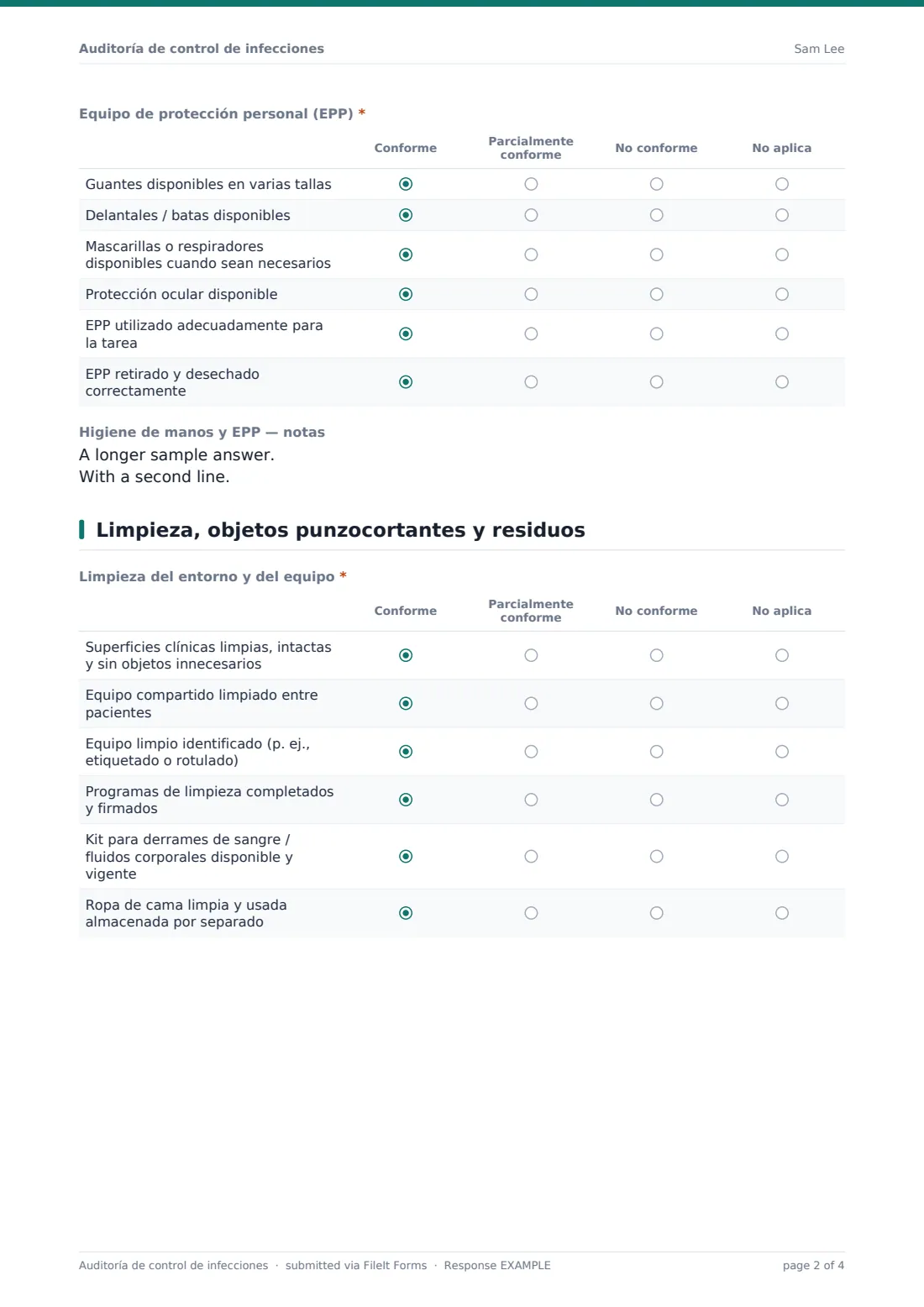 Auditoría de control de infecciones — PDF de respuesta de ejemplo, página 2 de 4