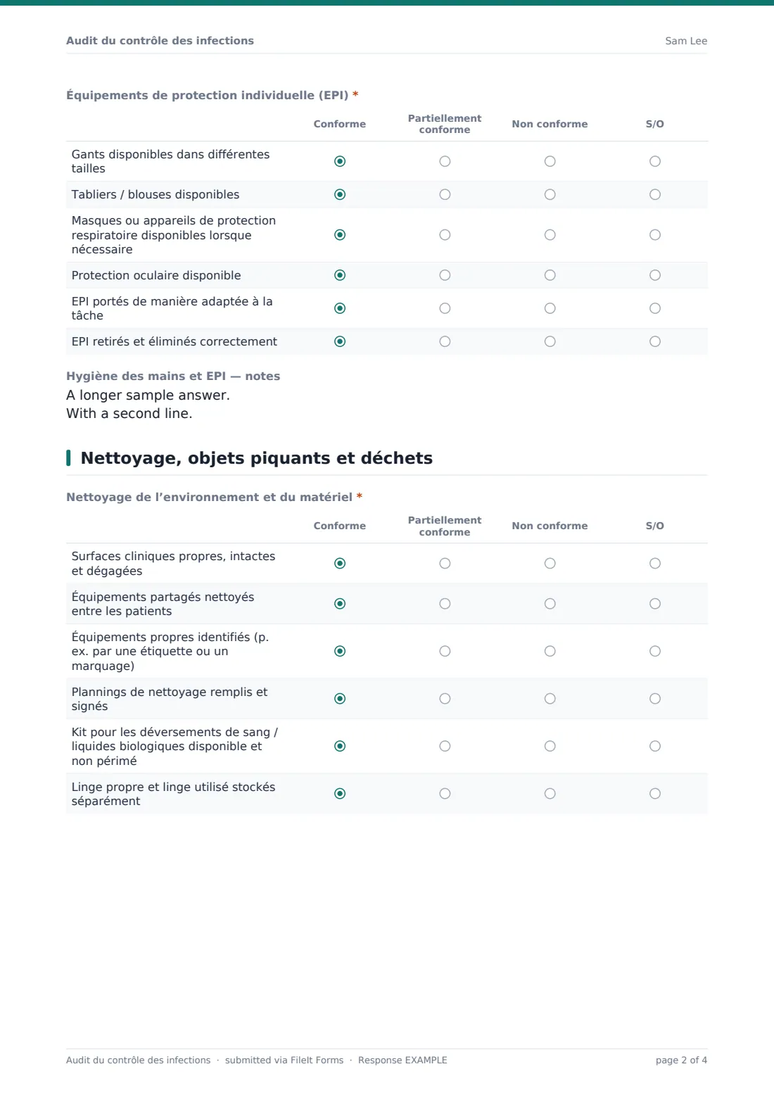 Audit du contrôle des infections — exemple de réponse au format PDF, page 2 sur 4