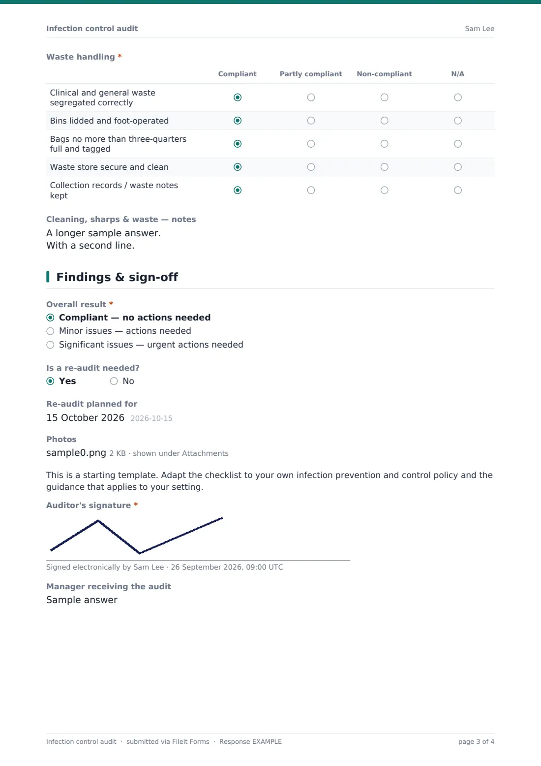 Infection control audit — example response PDF, page 3 of 4