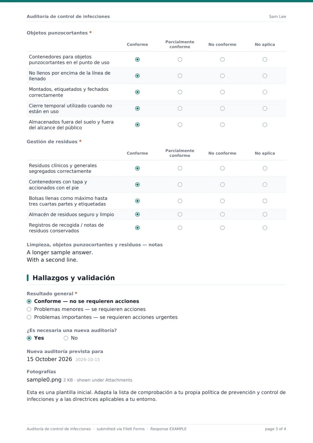 Auditoría de control de infecciones — PDF de respuesta de ejemplo, página 3 de 4