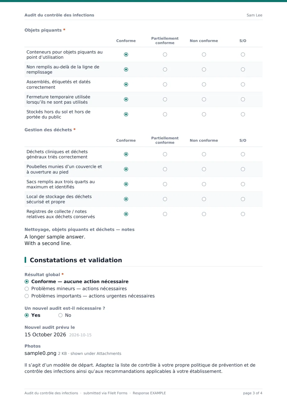 Audit du contrôle des infections — exemple de réponse au format PDF, page 3 sur 4
