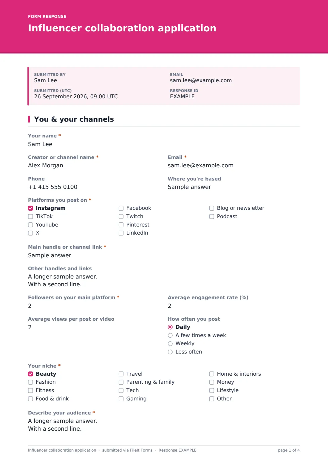 Influencer collaboration application — example response PDF, page 1 of 4