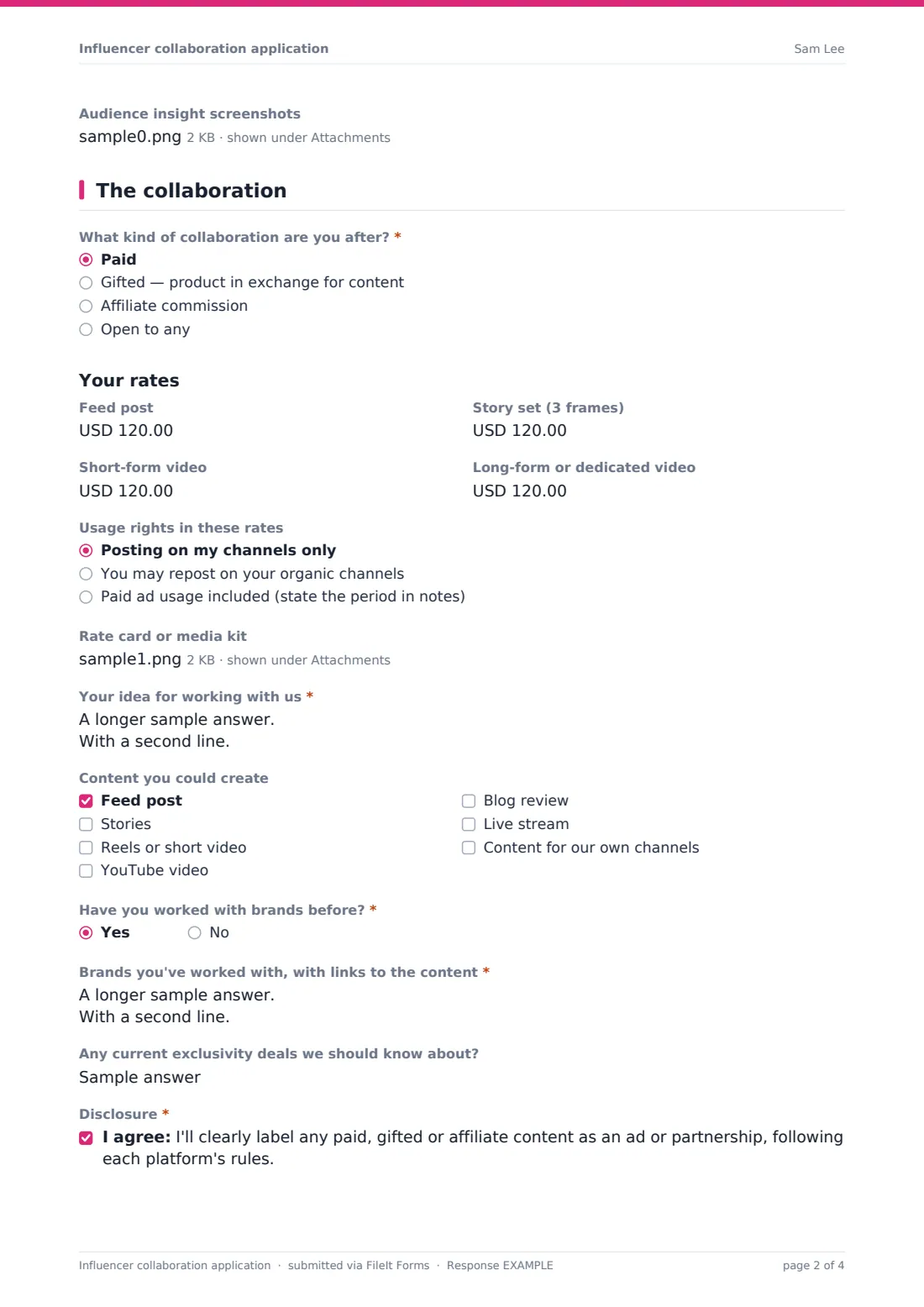Influencer collaboration application — example response PDF, page 2 of 4