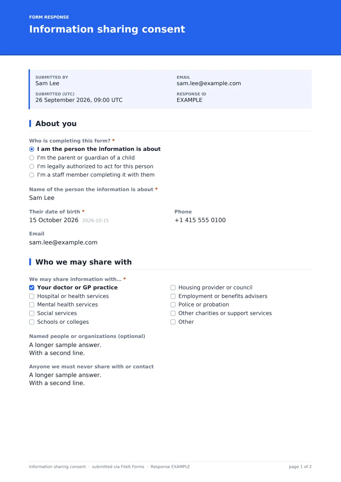 Information sharing consent — example response PDF, page 1 of 2