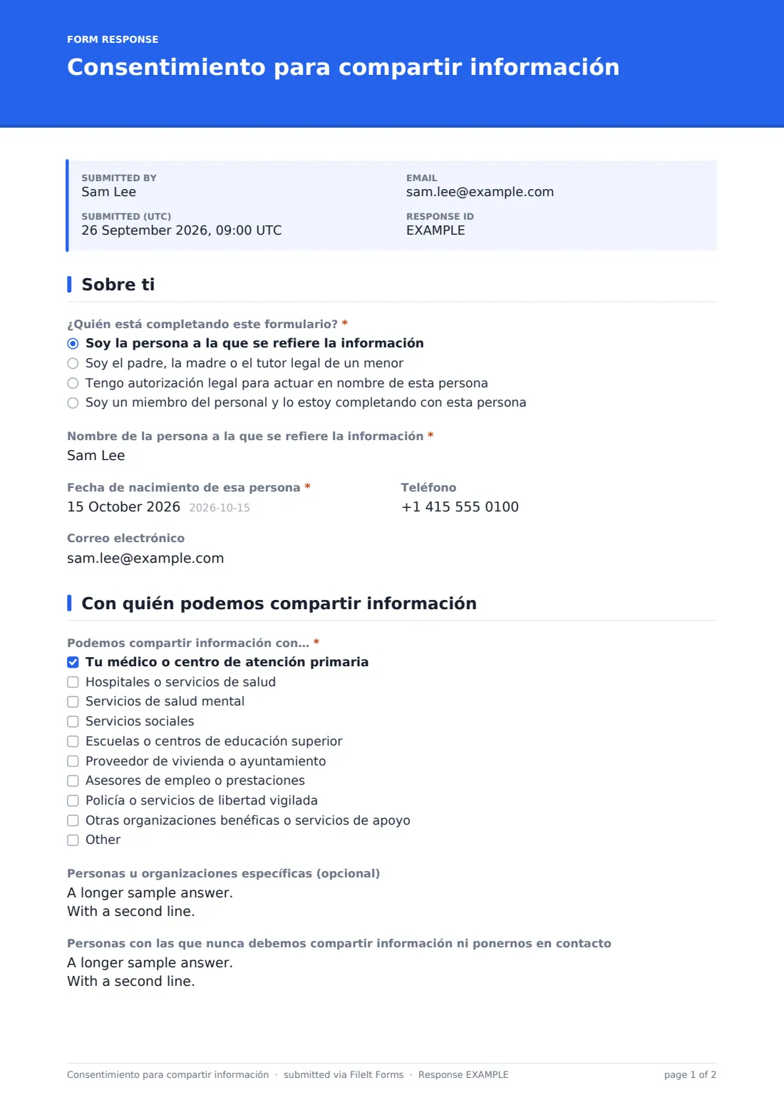Consentimiento para compartir información — PDF de respuesta de ejemplo, página 1 de 2