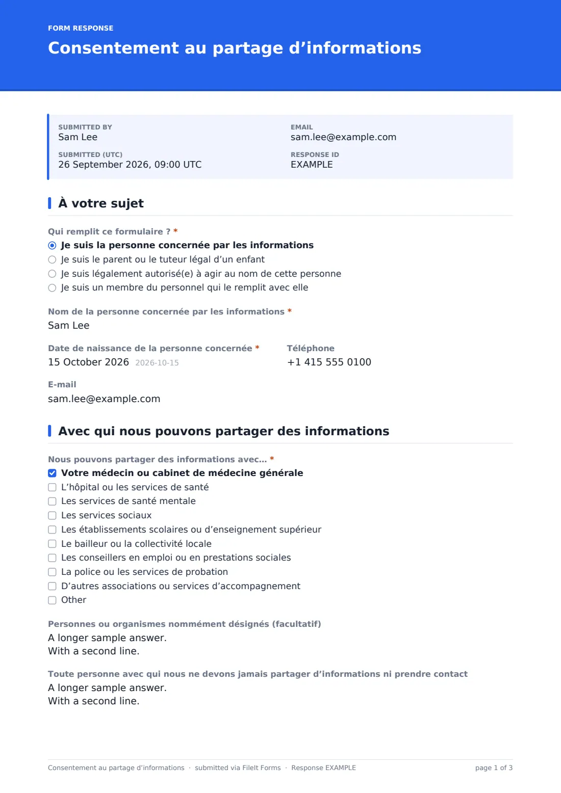 Consentement au partage d’informations — exemple de réponse au format PDF, page 1 sur 3