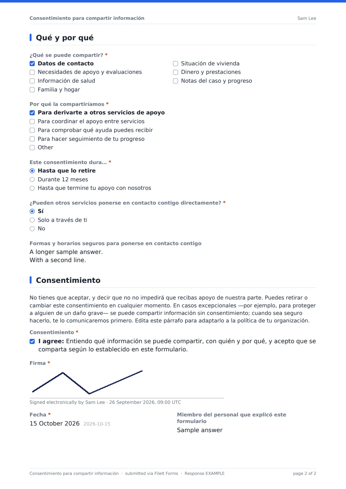 Consentimiento para compartir información — PDF de respuesta de ejemplo, página 2 de 2