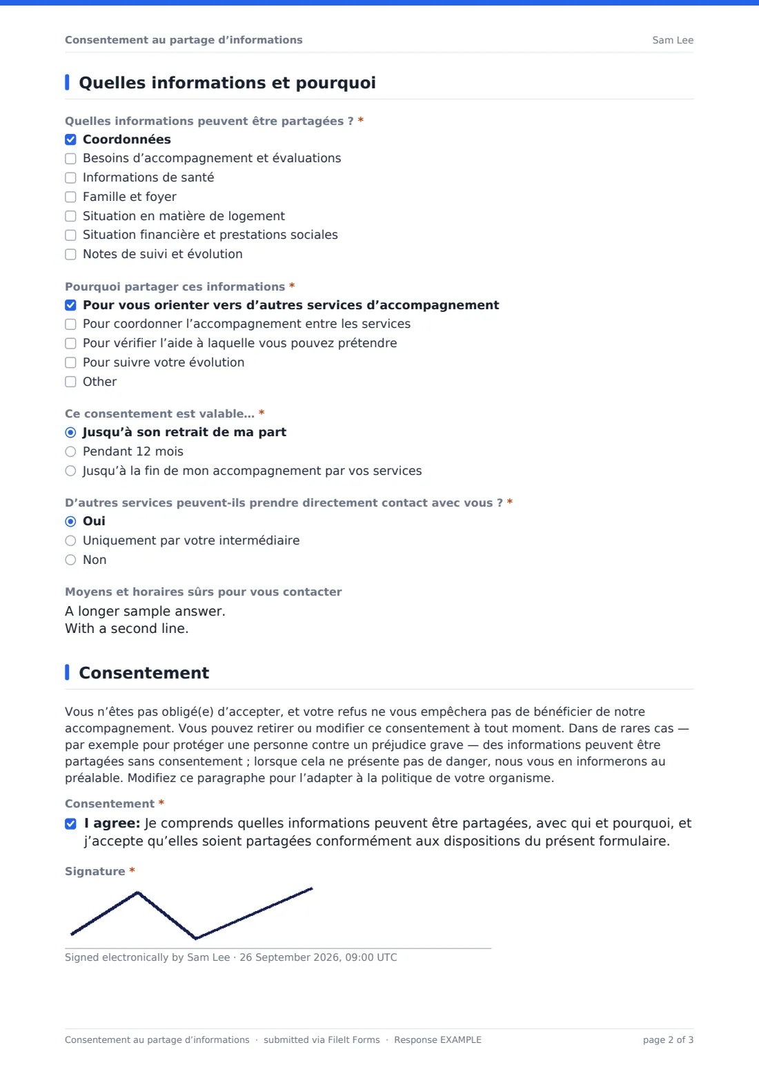 Consentement au partage d’informations — exemple de réponse au format PDF, page 2 sur 3