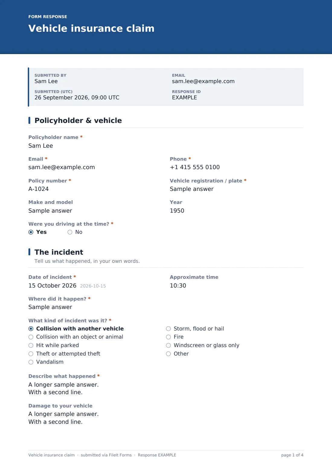 Vehicle insurance claim — example response PDF, page 1 of 4