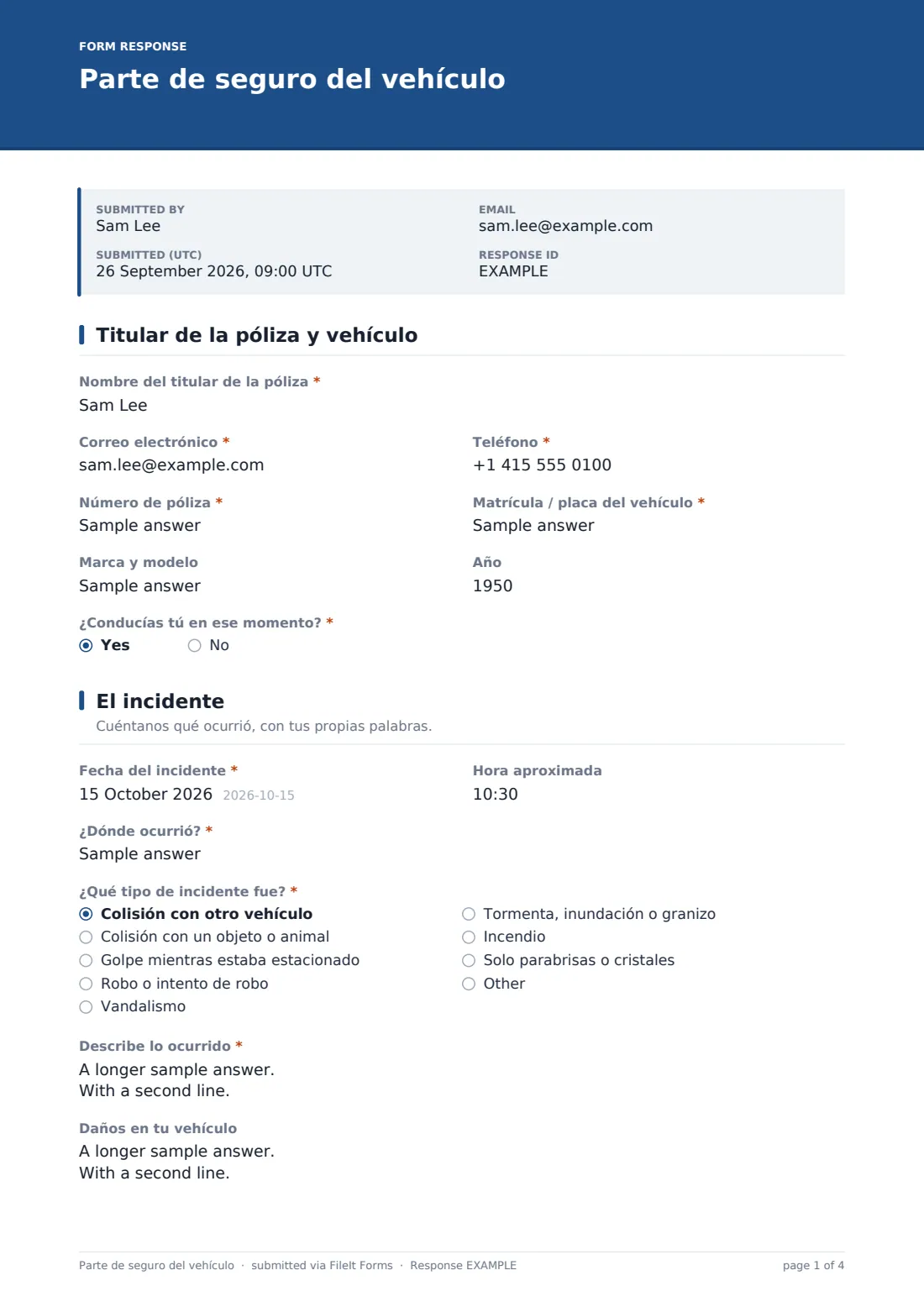 Parte de seguro del vehículo — PDF de respuesta de ejemplo, página 1 de 4