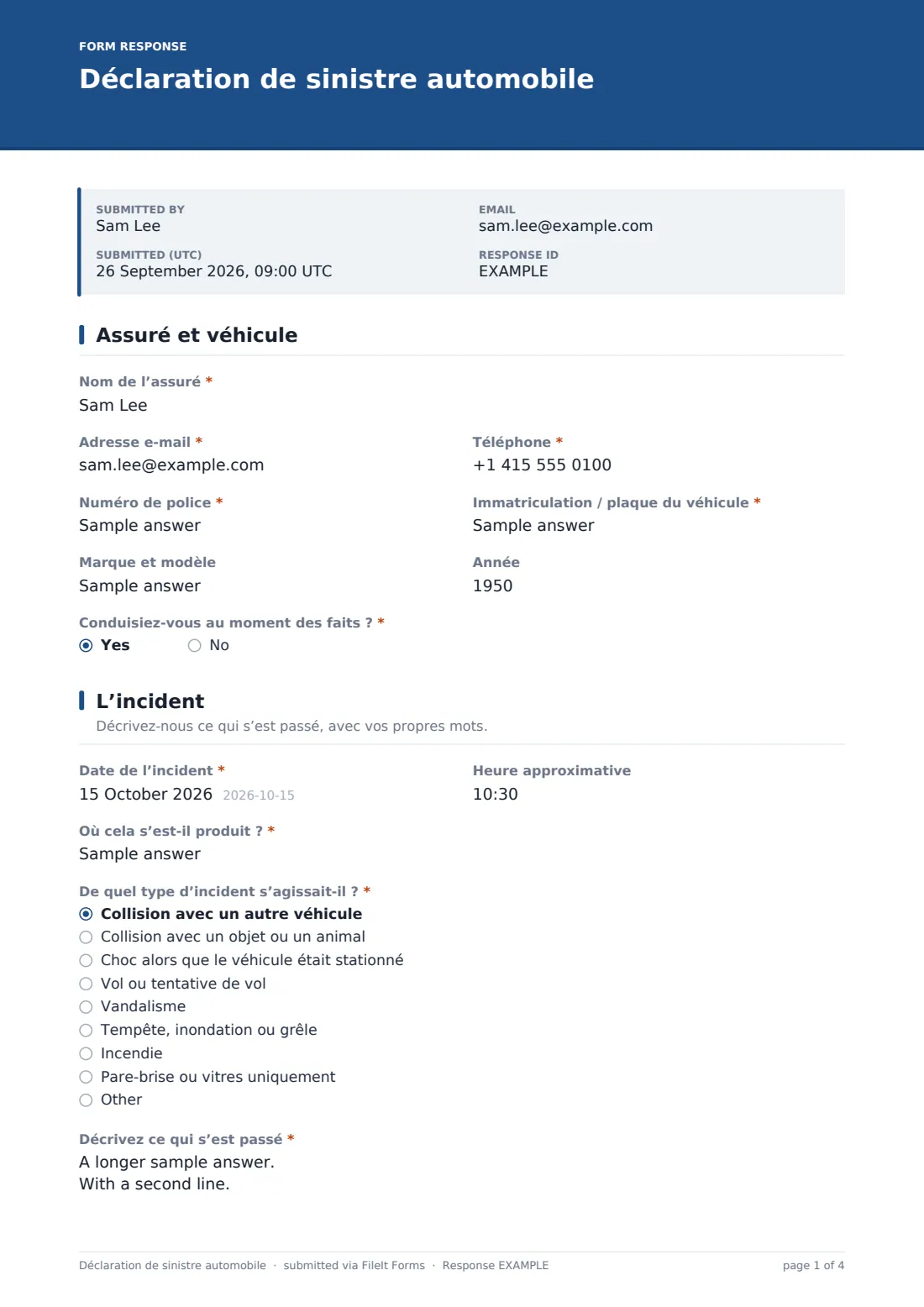 Déclaration de sinistre automobile — exemple de réponse au format PDF, page 1 sur 4
