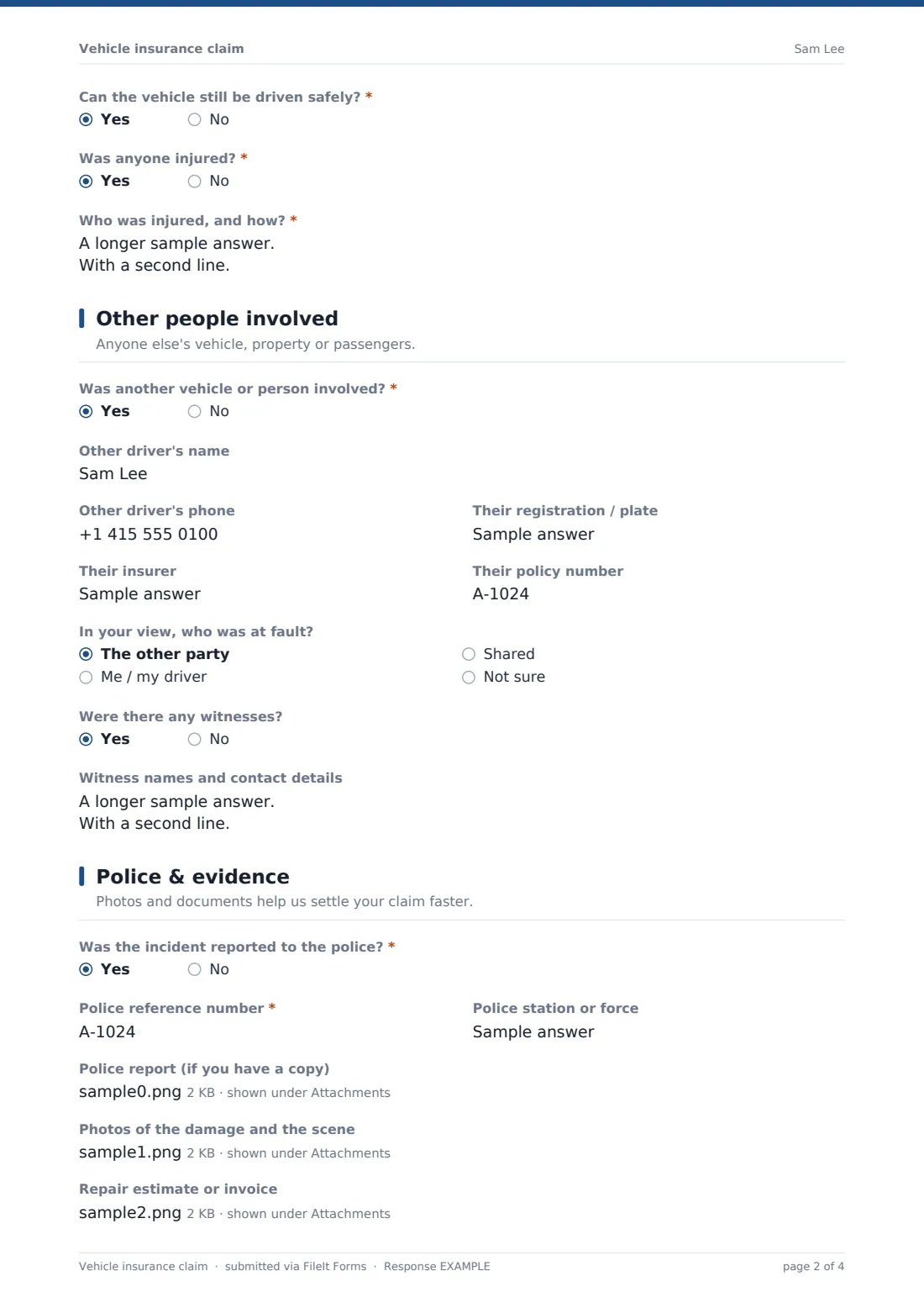 Vehicle insurance claim — example response PDF, page 2 of 4