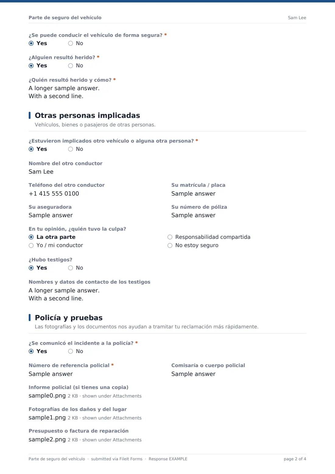 Parte de seguro del vehículo — PDF de respuesta de ejemplo, página 2 de 4