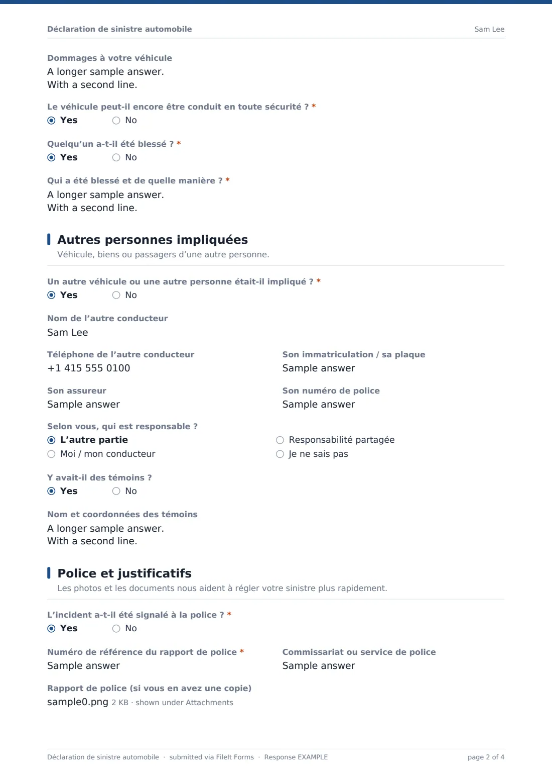 Déclaration de sinistre automobile — exemple de réponse au format PDF, page 2 sur 4