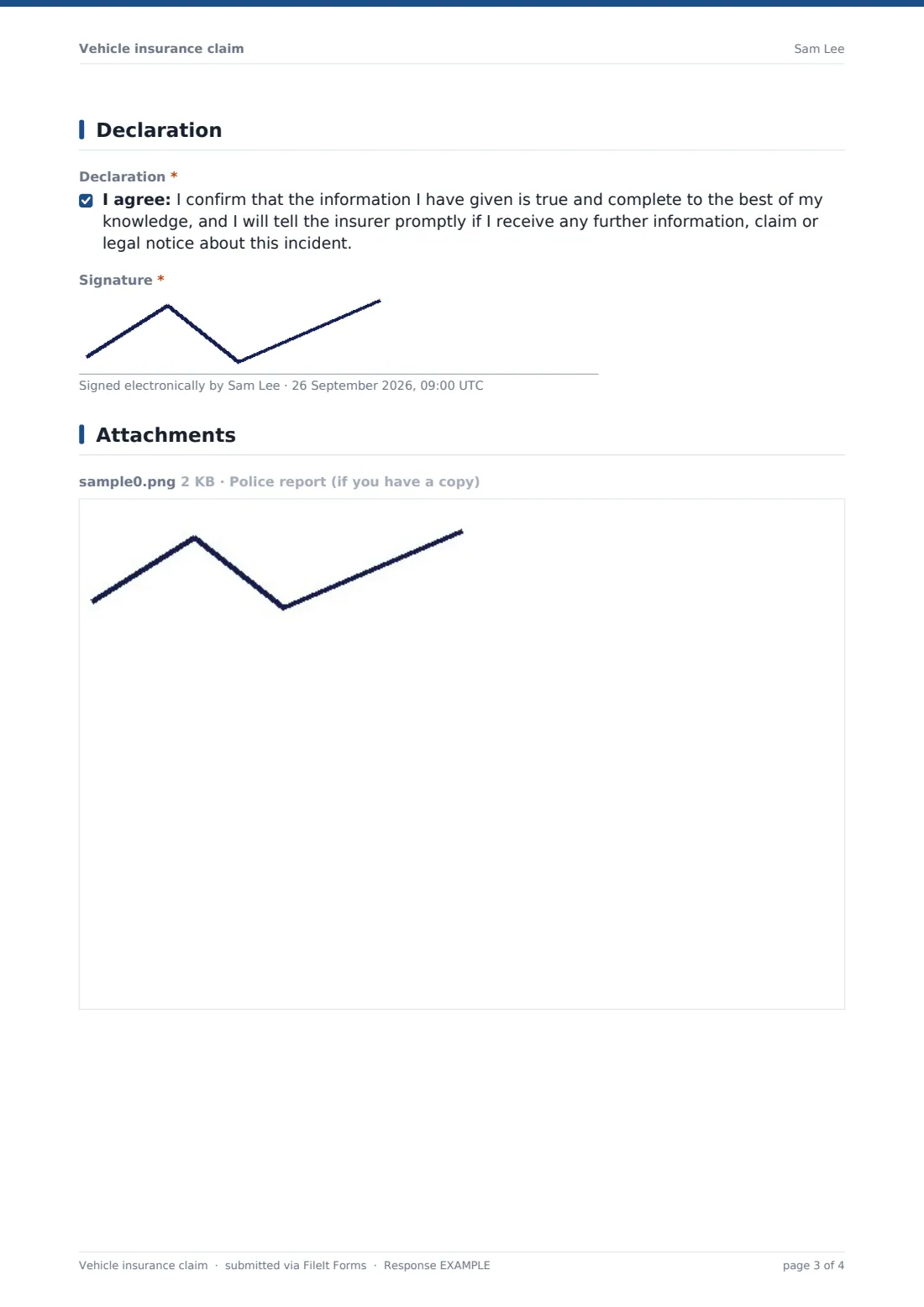 Vehicle insurance claim — example response PDF, page 3 of 4