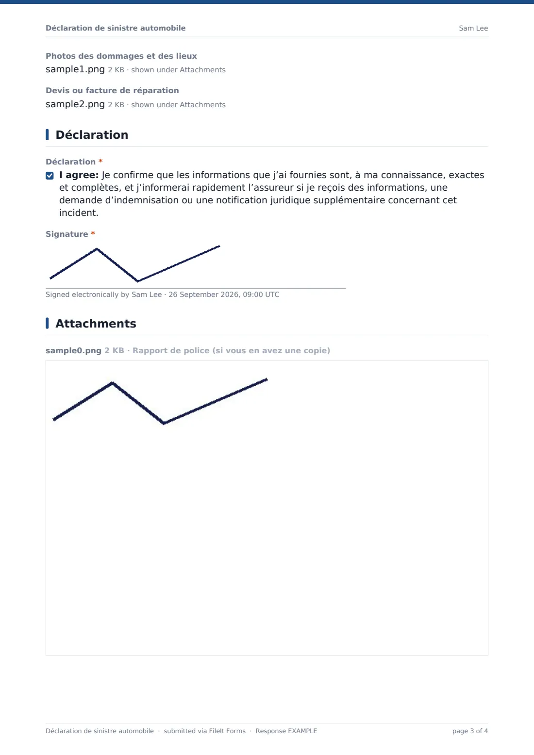 Déclaration de sinistre automobile — exemple de réponse au format PDF, page 3 sur 4