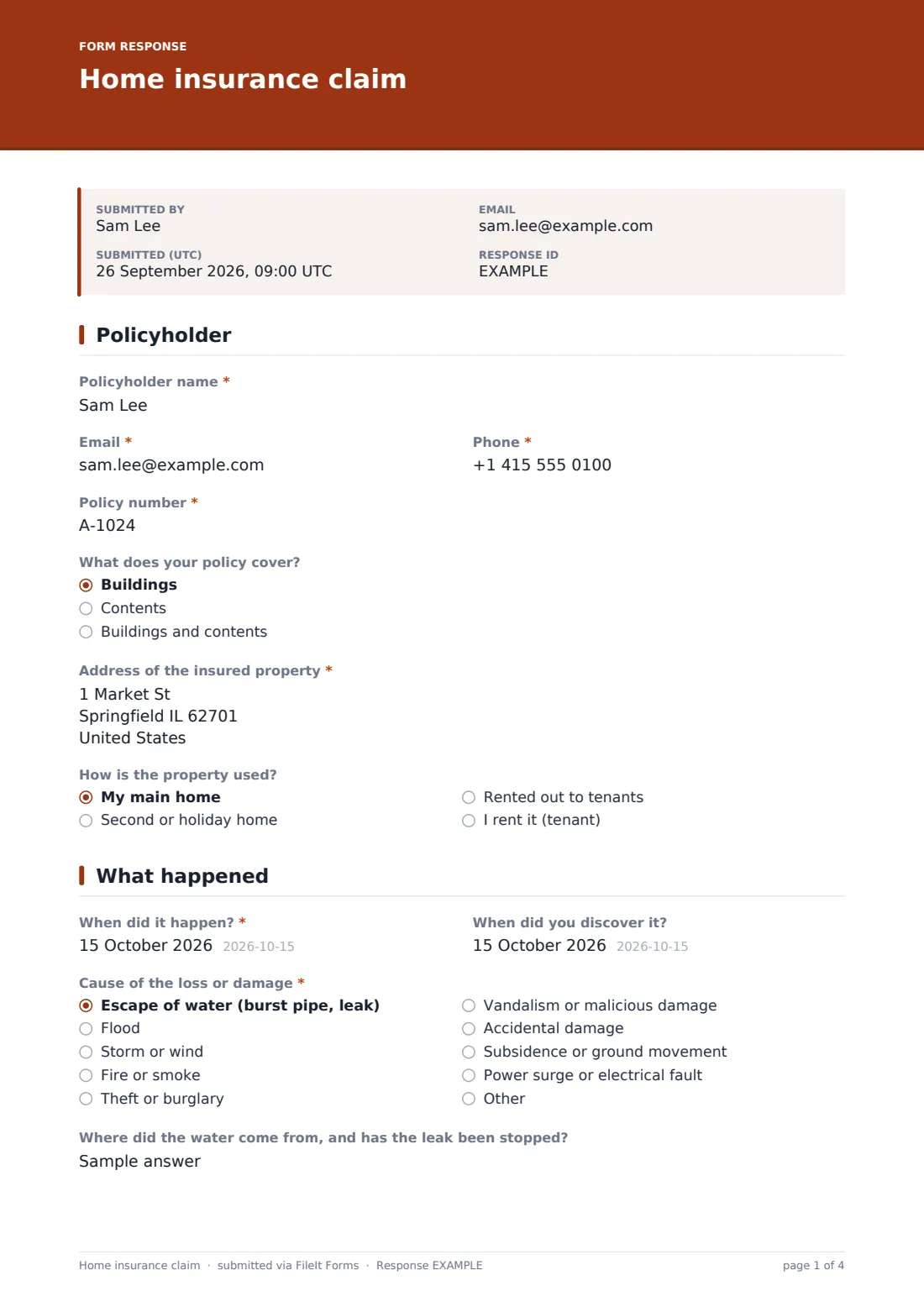 Home insurance claim — example response PDF, page 1 of 4
