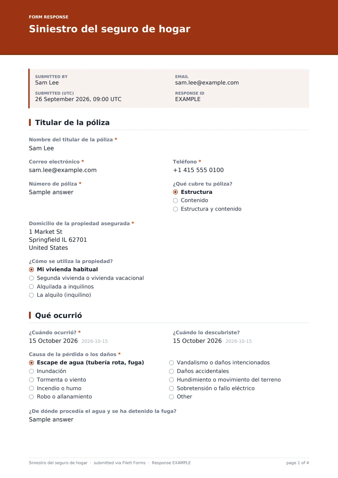 Siniestro del seguro de hogar — PDF de respuesta de ejemplo, página 1 de 4