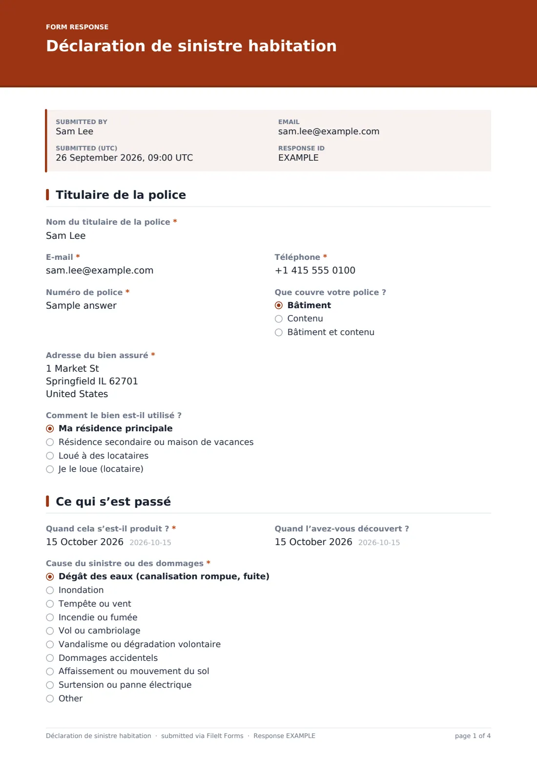 Déclaration de sinistre habitation — exemple de réponse au format PDF, page 1 sur 4