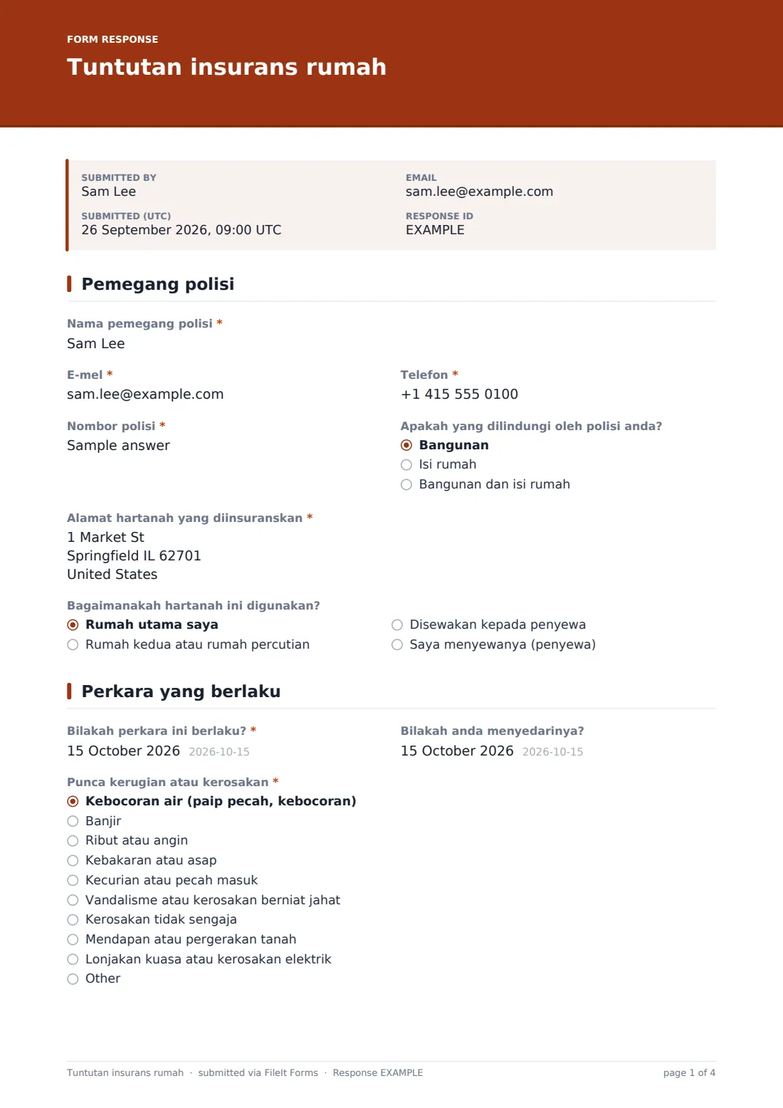 Tuntutan insurans rumah — PDF respons contoh, halaman 1 daripada 4