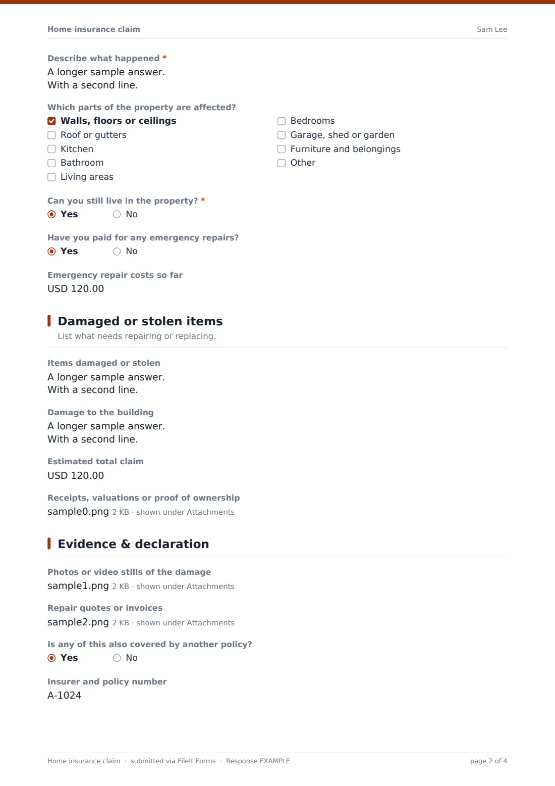 Home insurance claim — example response PDF, page 2 of 4