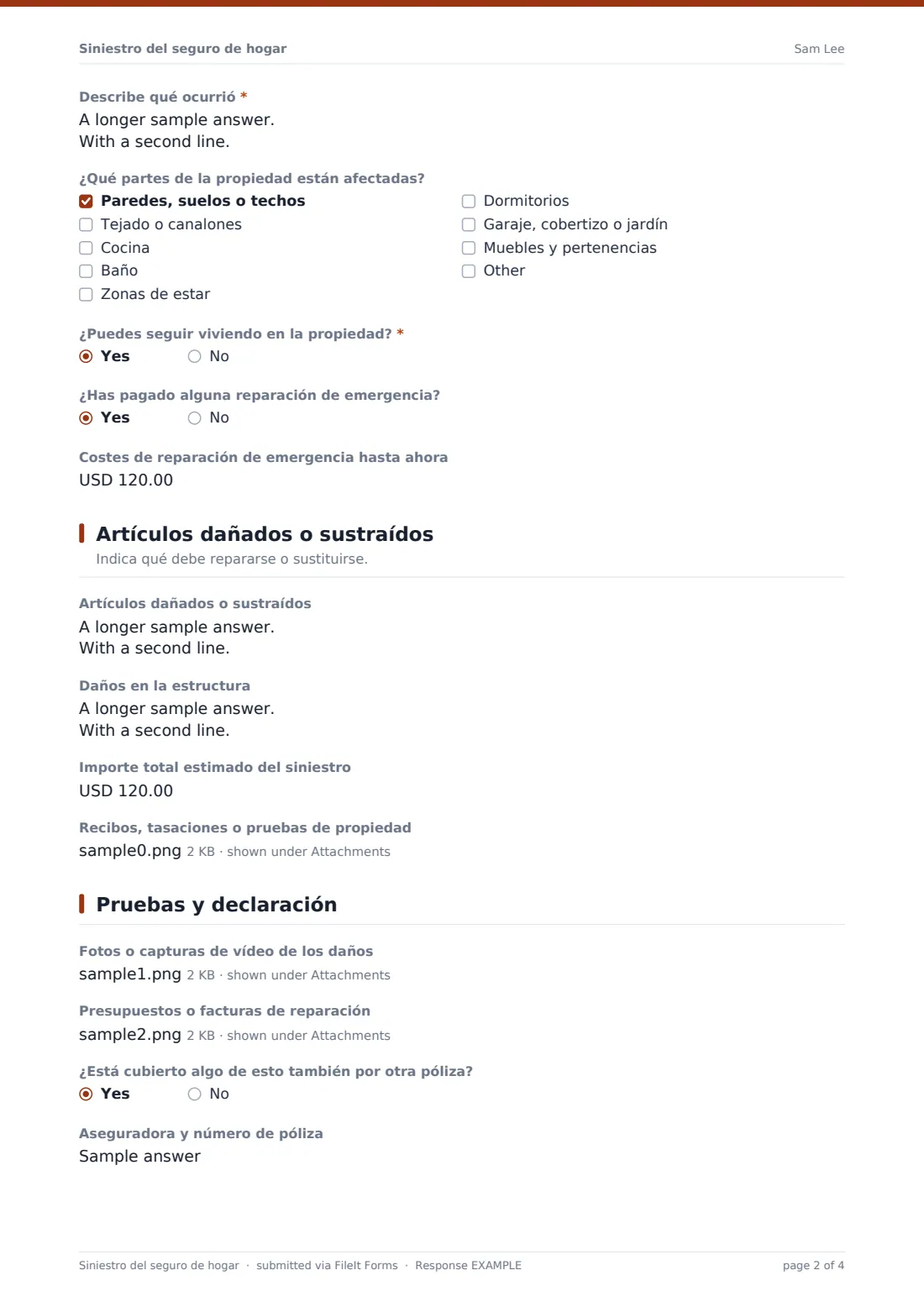 Siniestro del seguro de hogar — PDF de respuesta de ejemplo, página 2 de 4