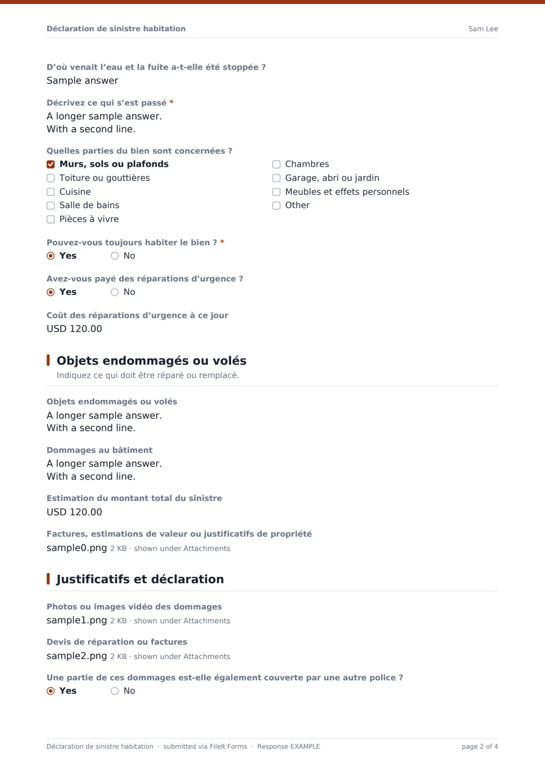 Déclaration de sinistre habitation — exemple de réponse au format PDF, page 2 sur 4