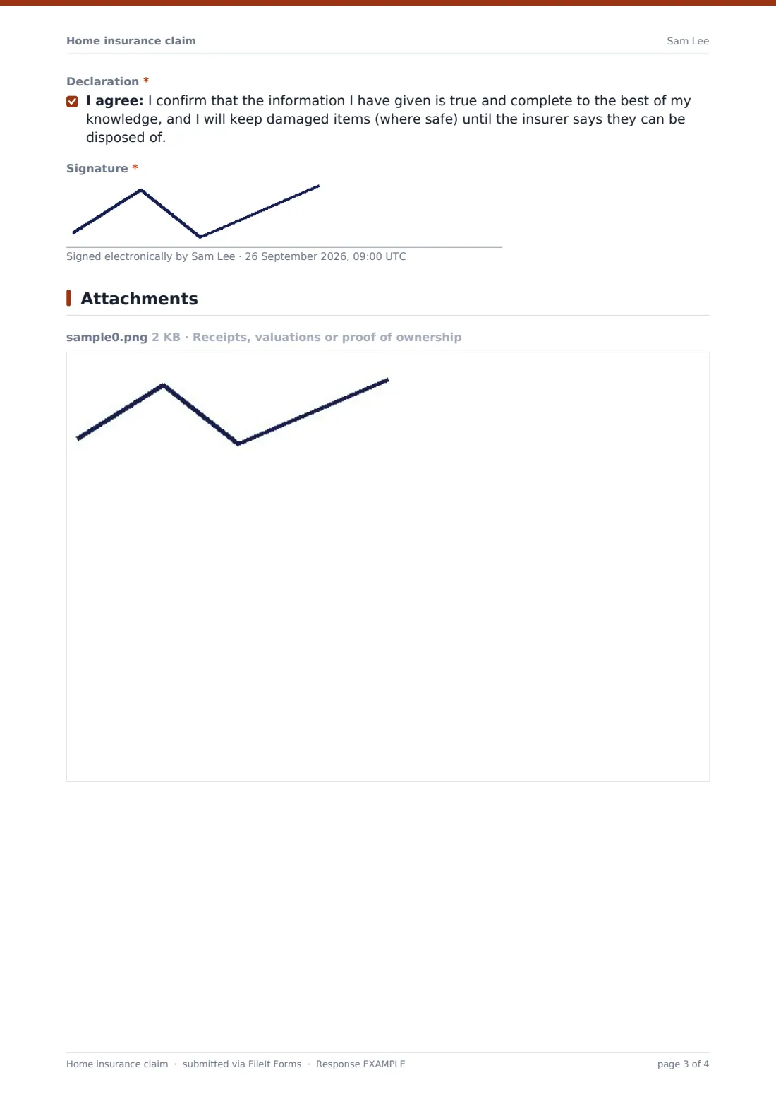 Home insurance claim — example response PDF, page 3 of 4