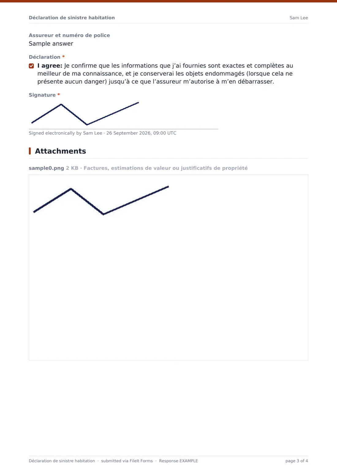 Déclaration de sinistre habitation — exemple de réponse au format PDF, page 3 sur 4
