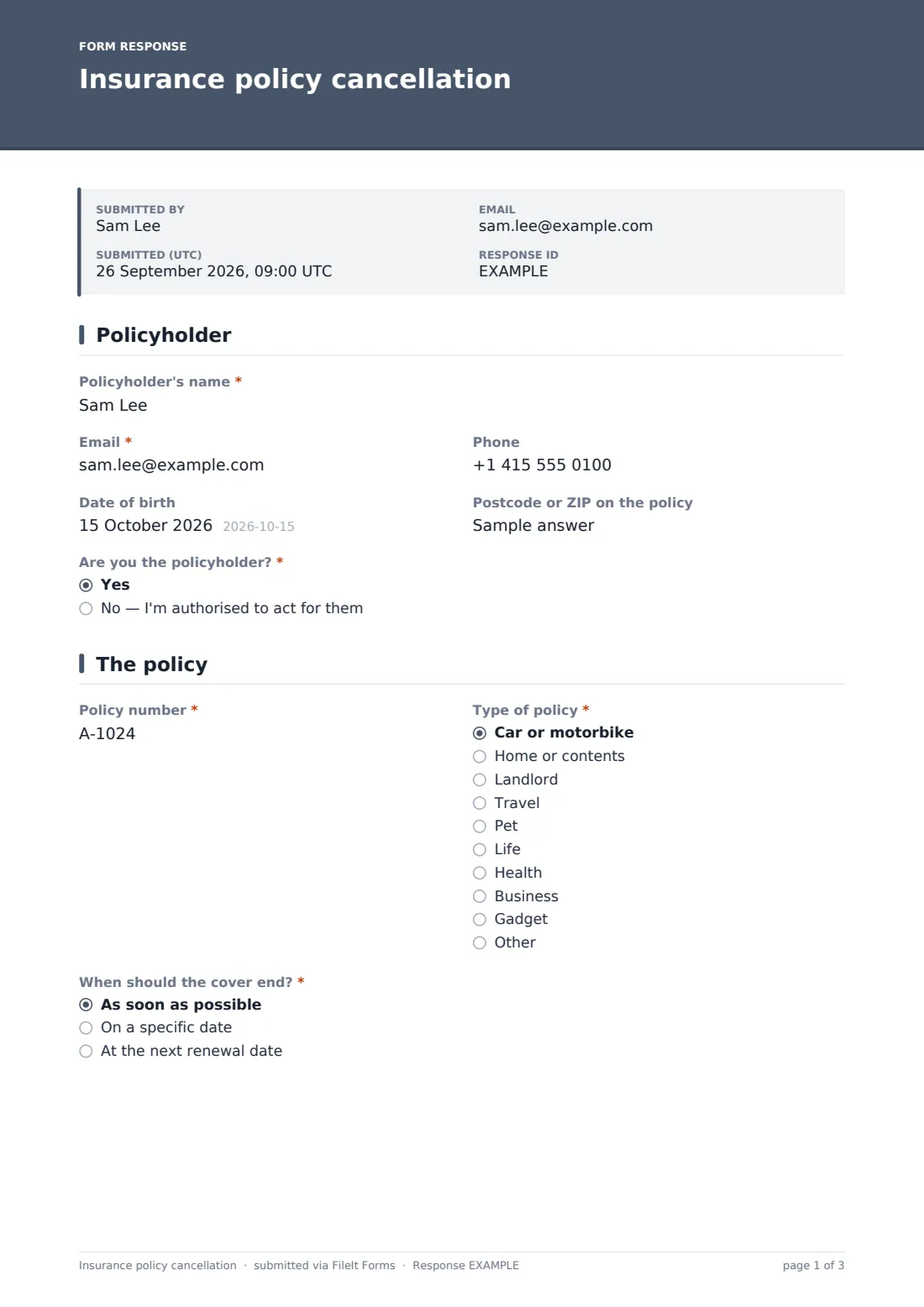 Insurance policy cancellation — example response PDF, page 1 of 3