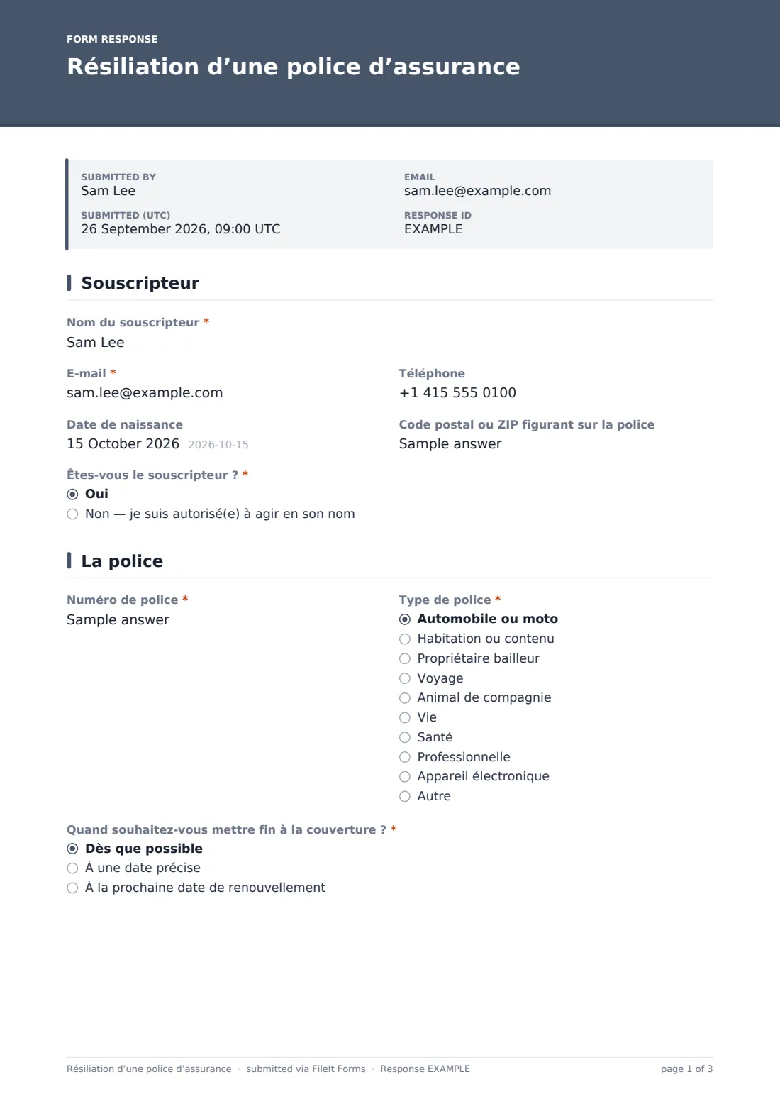 Résiliation d’une police d’assurance — exemple de réponse au format PDF, page 1 sur 3