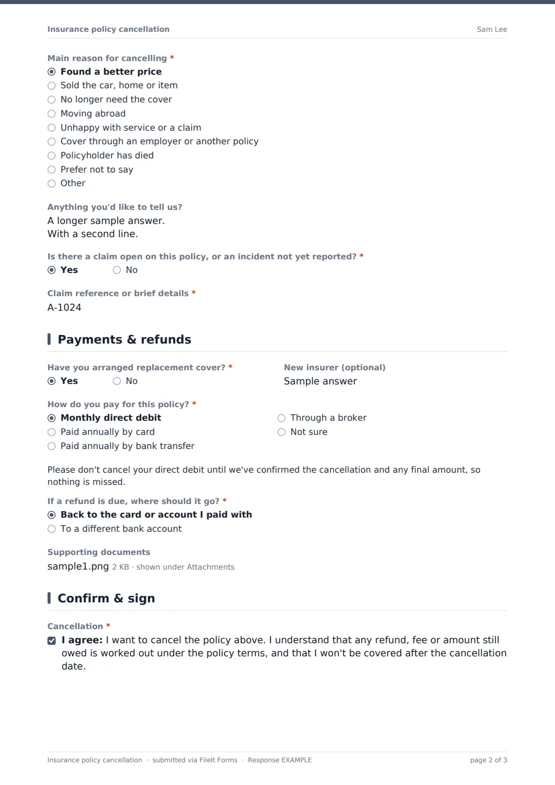 Insurance policy cancellation — example response PDF, page 2 of 3